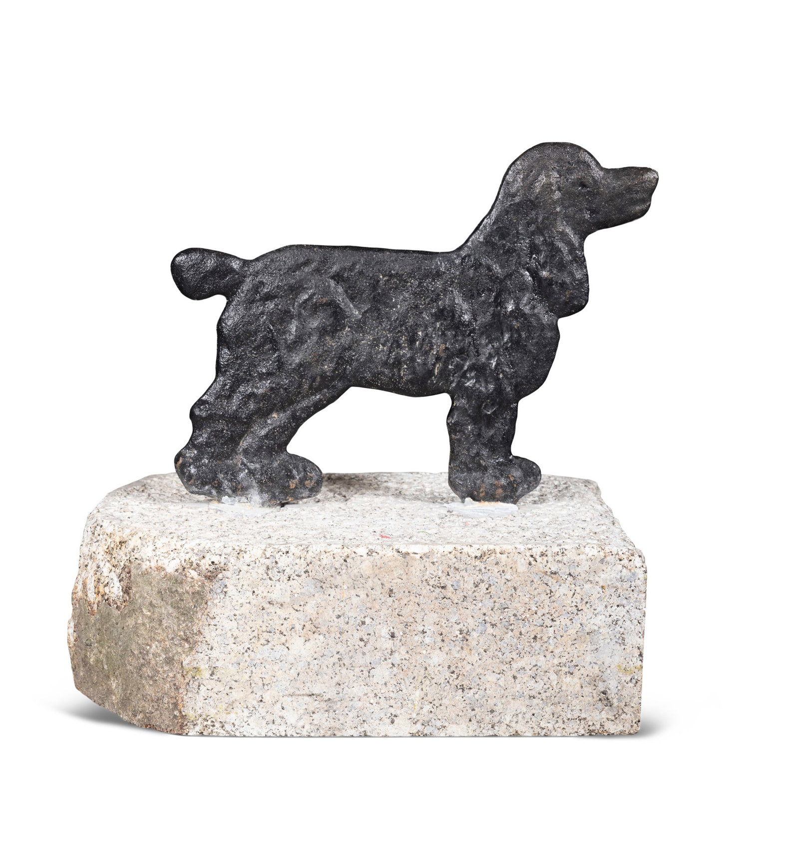 A CAST IRON BOOT SCRAPER IN THE FORM OF A DOG, on a stone base, 34cm high, 34cm wide 22.5cm long: A CAST IRON BOOT SCRAPER IN THE FORM OF A DOG, on a stone base, 34cm high, 34cm wide 22.5cm long