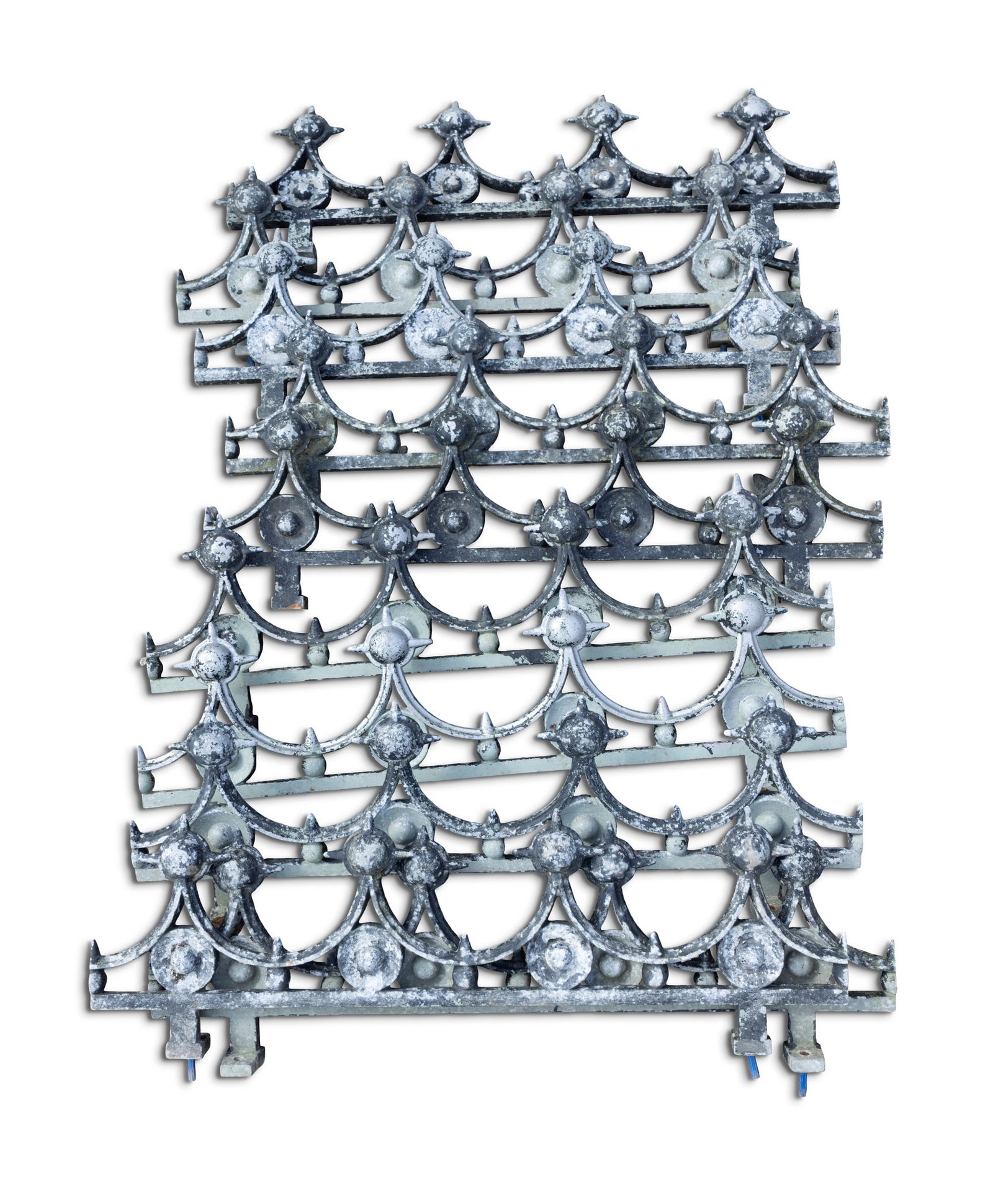 A SET OF TEN BLACK-PAINTED GALVANISED ZINC FENCE TOPPER SECTIONS, in the Gothic style, each of open: A SET OF TEN BLACK-PAINTED GALVANISED ZINC FENCE TOPPER SECTIONS, in the Gothic style, each of open arched form with four spiked finials- each section 80cm wide
