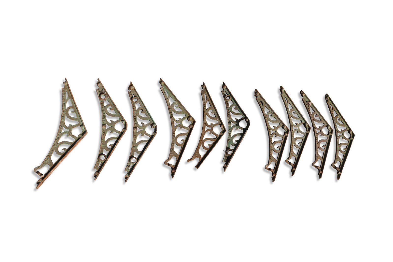 A SET OF TEN CAST IRON CONSERVATORY BRACKETS, By 'William Wood & Sons Ltd. Taplow Bucks', the (1 of 4)