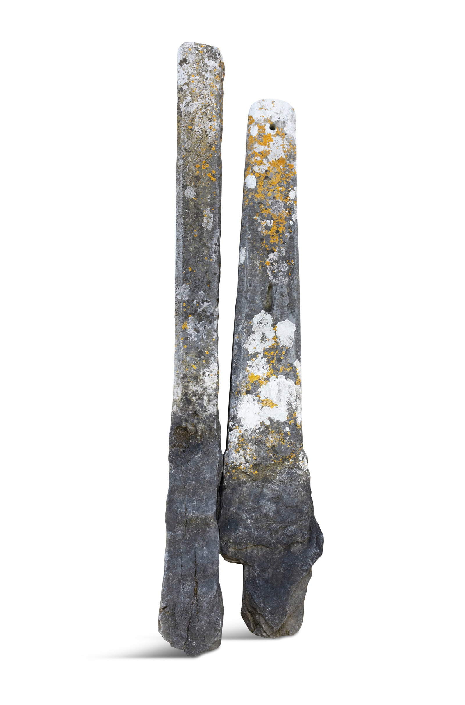 TWO LARGE LIMESTONE GATE POSTS, 18TH CENTURY, of rectangular tapering form, 264cm high, 246cm high: TWO LARGE LIMESTONE GATE POSTS, 18TH CENTURY, of rectangular tapering form, 264cm high, 246cm high