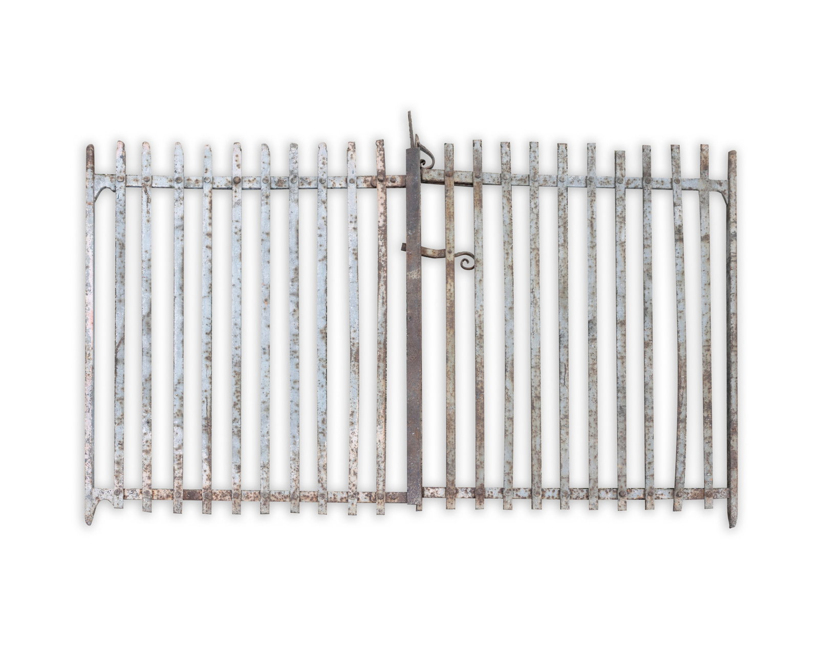 A PAIR OF WROUGHT IRON DOUBLE GATES, Each of ten bar design, with spiral latch. 173cm high, 140cm (1 of 3)