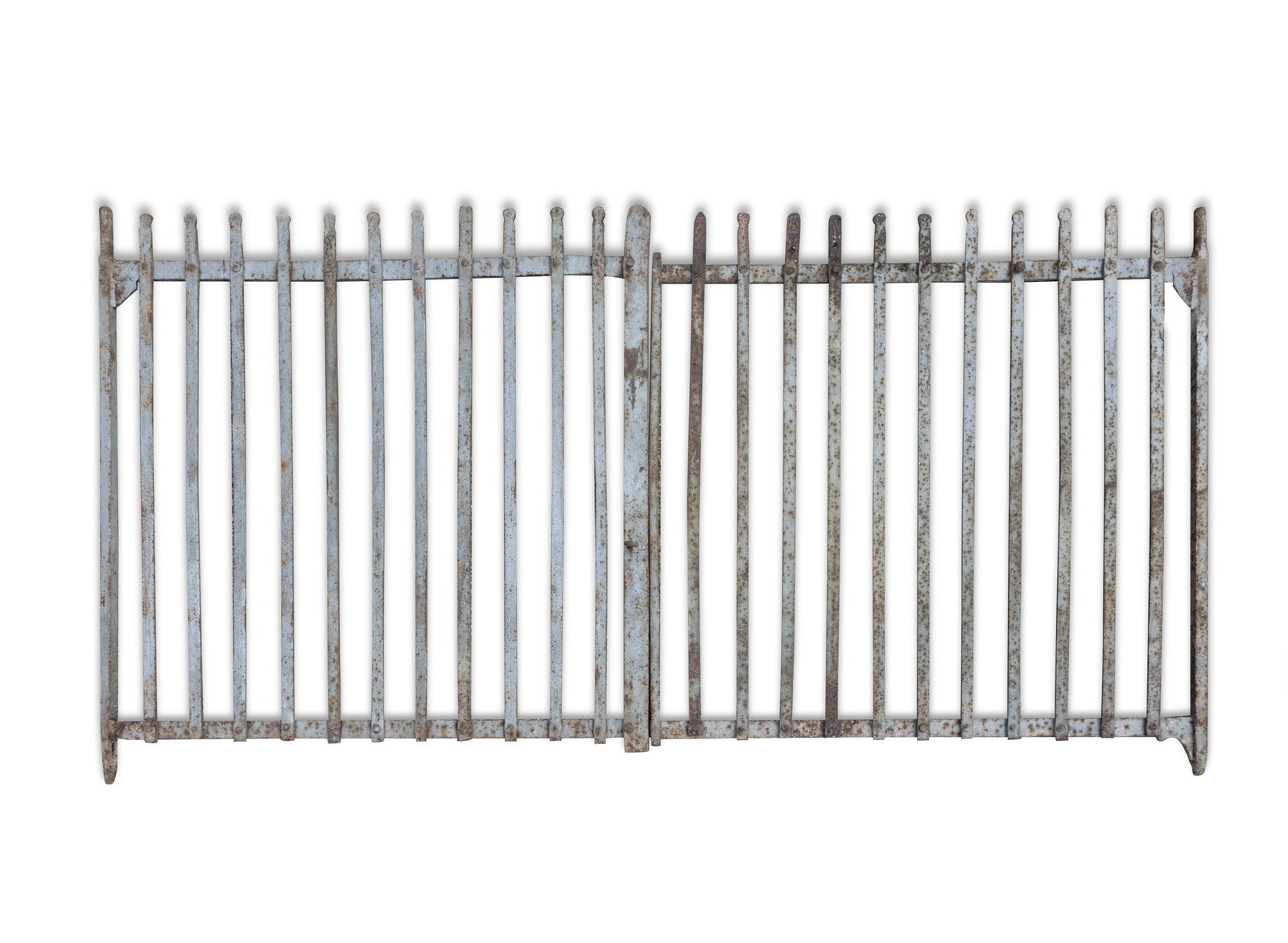 A PAIR OF WROUGHT IRON DOUBLE GATES, Each of 13-bar design, 147cm high, 144.5cm wide (one gate), (1 of 3)
