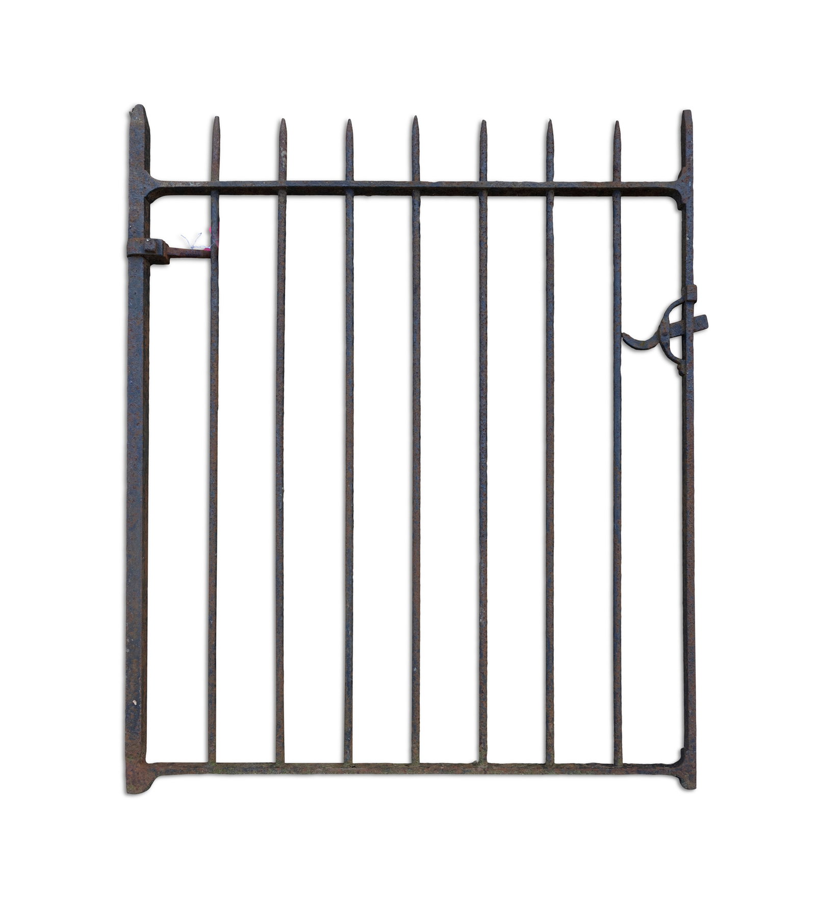 A BLACK PAINTED SEVEN BAR IRON GATE, single, pedestrian, 115.5cm high x 91.5cm wide (1 of 2)