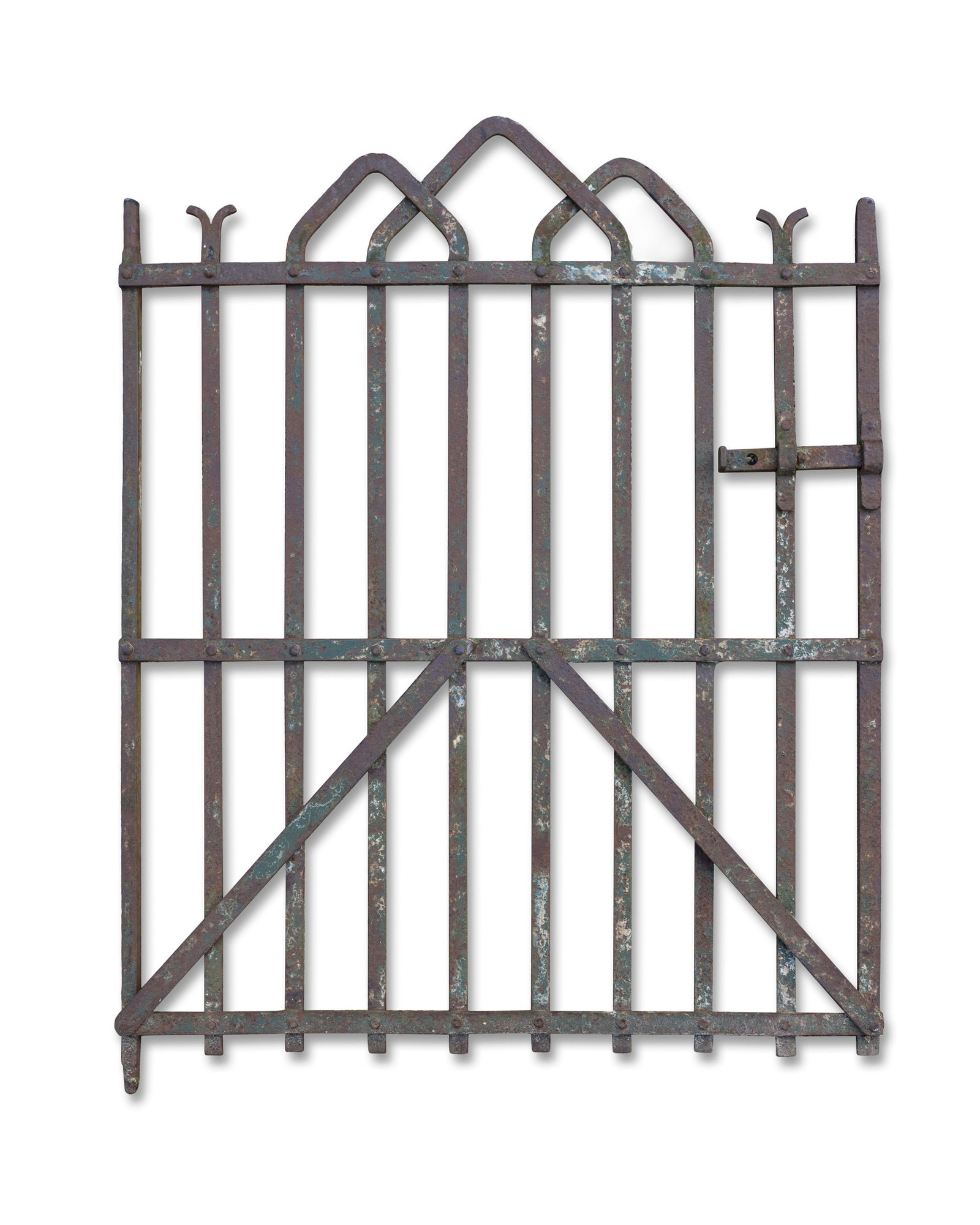 A GREEN PAINTED WROUGHT IRON EIGHT BAR SINGLE GATE, with three pointed decorative tops. 136cm high (1 of 1)