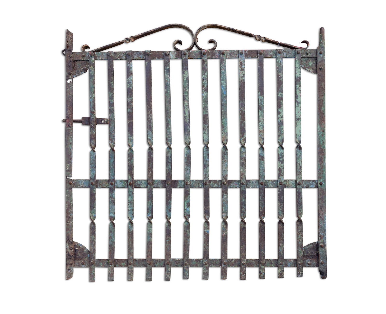 A GREEN PAINTED WROUGHT IRON TWELVE BAR SINGLE GATE, with scroll top decoration, 118cm wide x 120cm (1 of 1)
