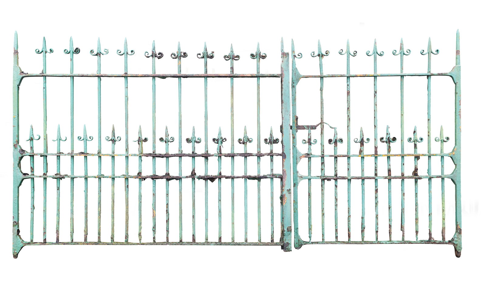 A PAIR OF GREEN-PAINTED CAST IRON ESTATE GATES, each with scroll pier head top on straight (1 of 4)