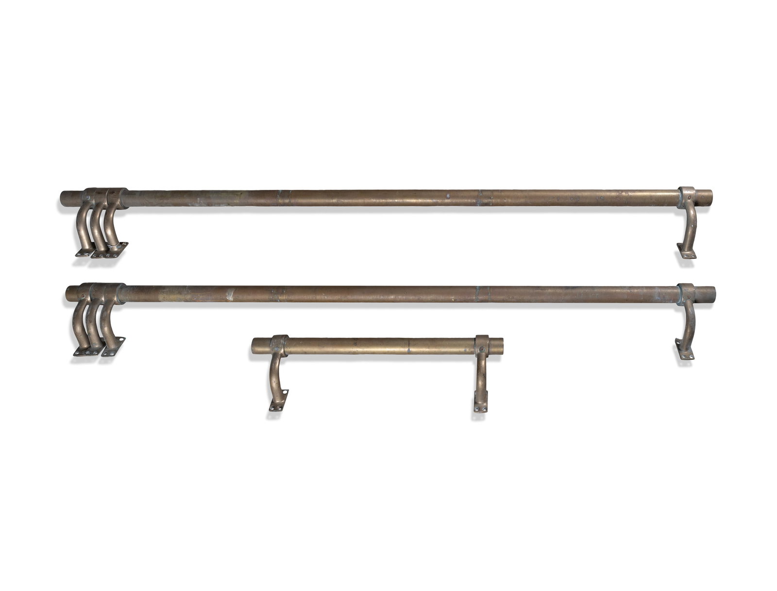 THREE SECTIONS OF BRASS STAIR RAILING 201cm long; 203cm long; 77cm long (1 of 3)