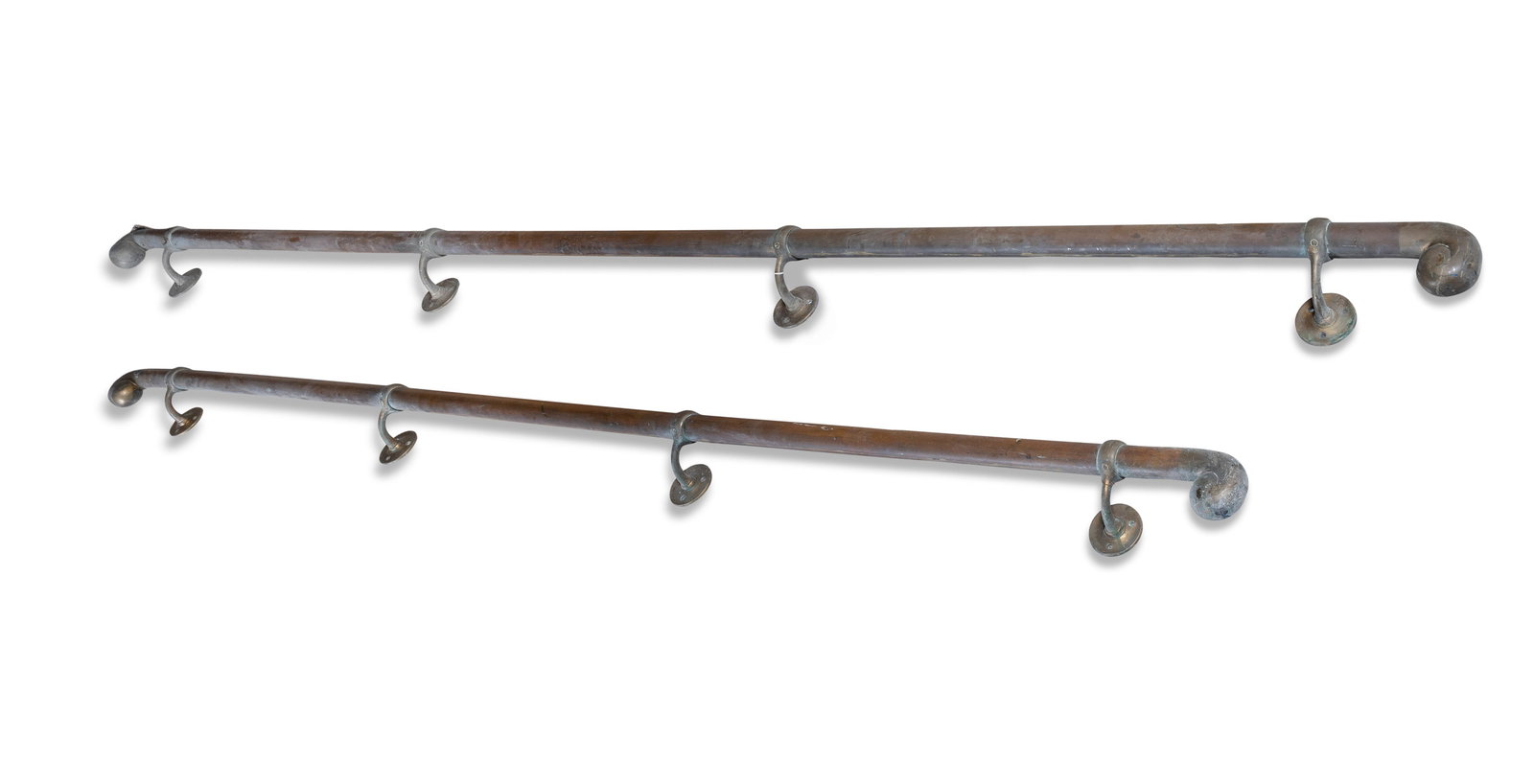 TWO SECTIONS OF BRASS TUBULAR STAIR RAILING with scroll ends. 277cm long; 299cm long (1 of 3)