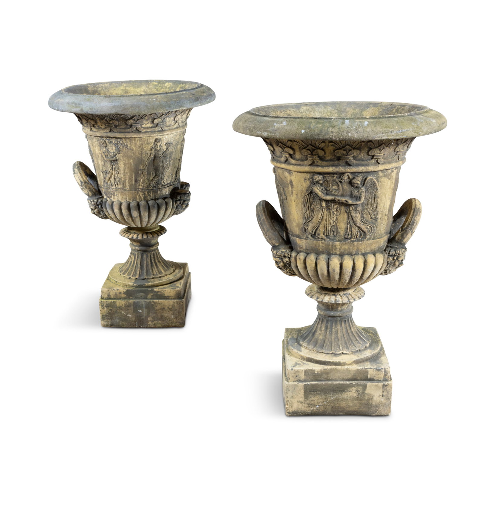 A PAIR OF MODERN COMPOSITE STONE GARDEN URNS, each of campagna form, with out-turned rims, demi (1 of 4)