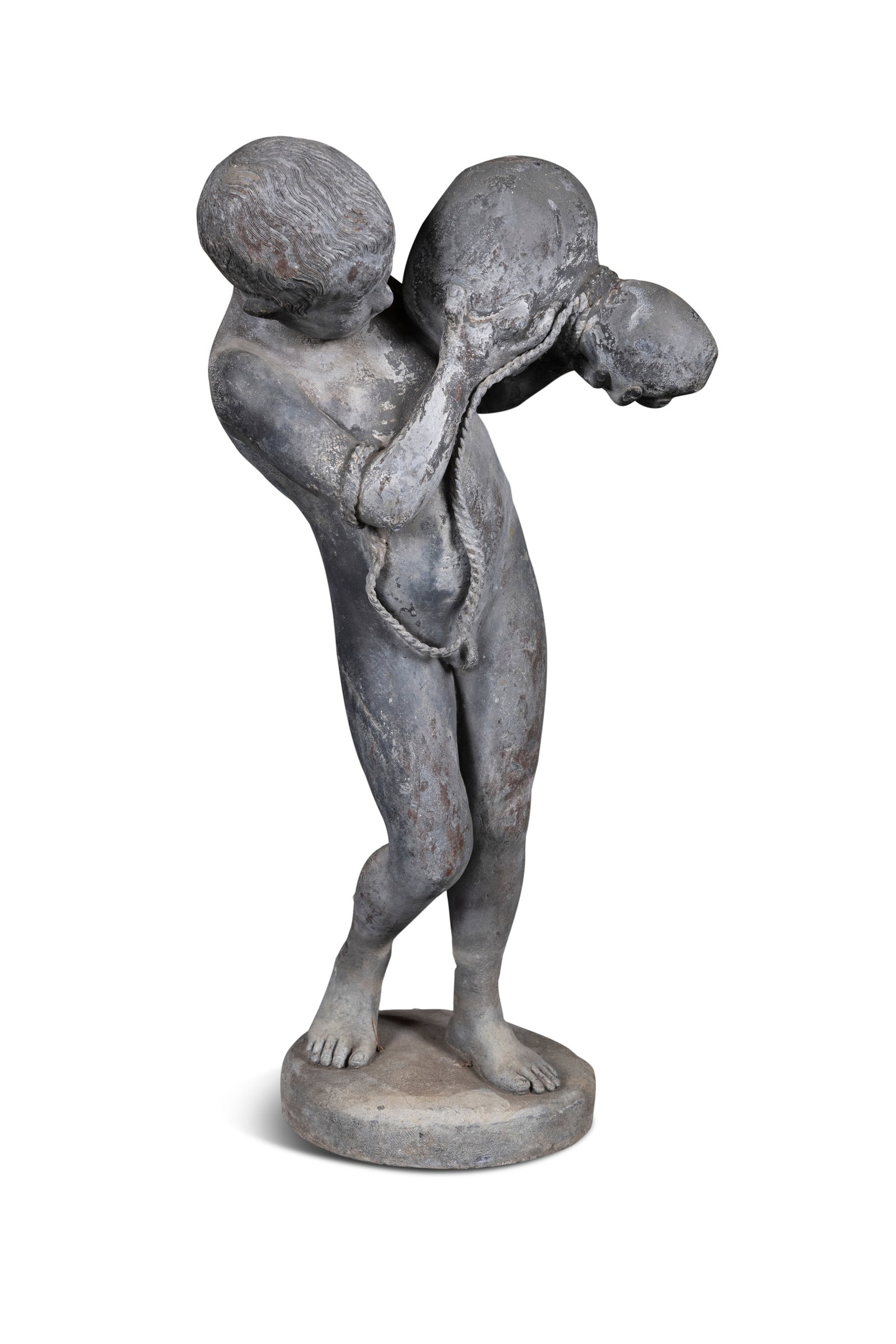 A VICTORIAN LEAD STATUE OF A YOUNG BOY HOLDING A GOURD, formerly a fountain. 65cm high (1 of 3)