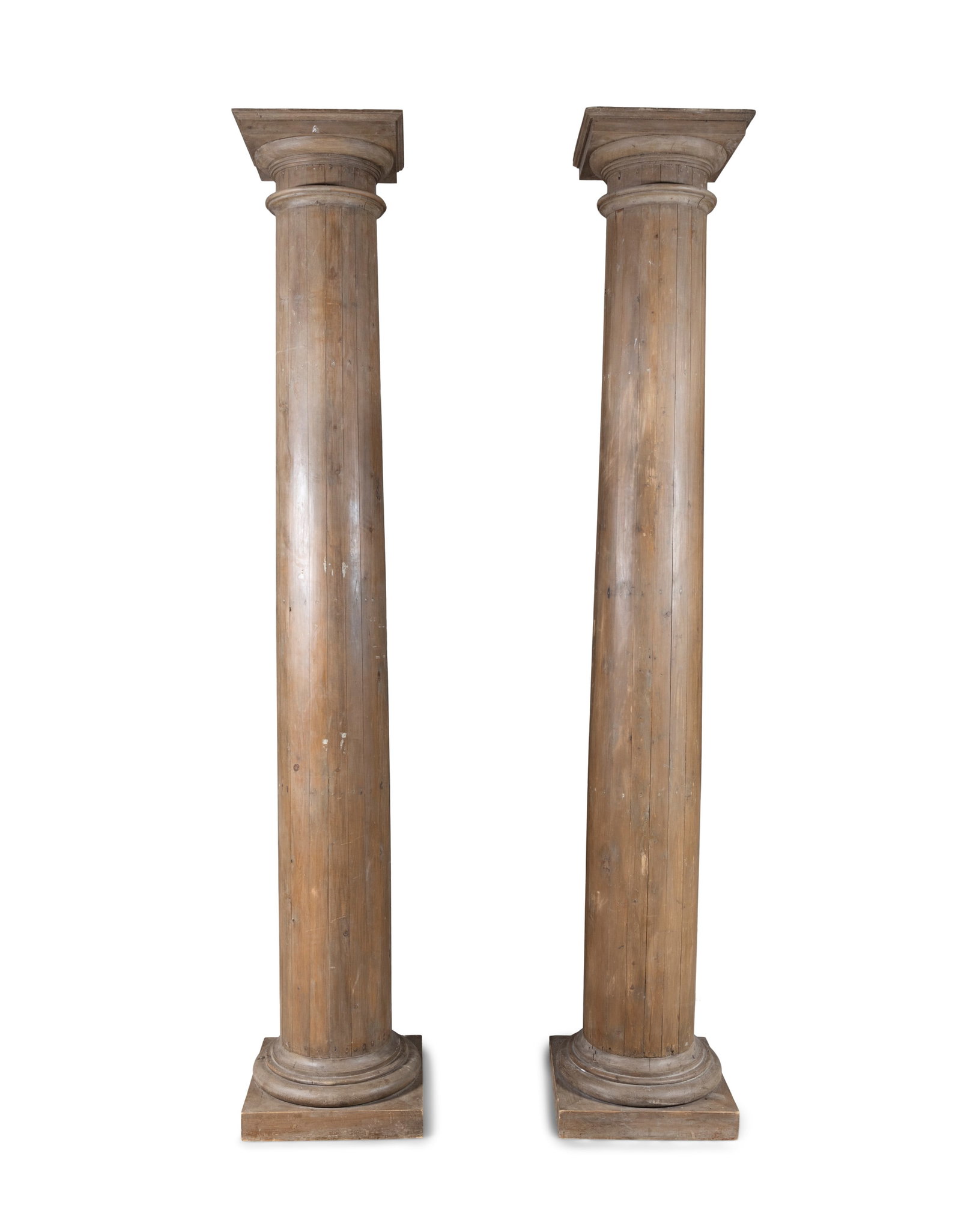 A PAIR OF MONUMENTAL TIMBER DORIC COLUMNS each 323cm high: A PAIR OF MONUMENTAL TIMBER DORIC COLUMNS each 323cm high