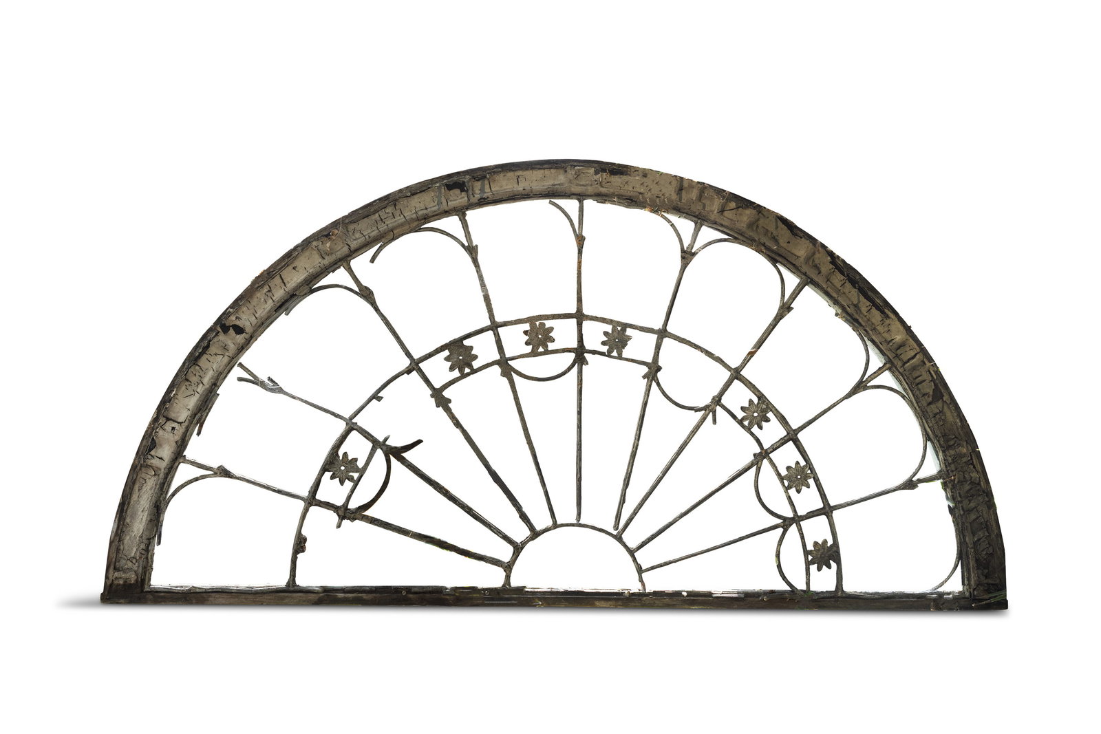 A LARGE WHITE PAINTED FAN LIGHT, comprised of 10 segments with flowerhead decoration. 183cm wide (1 of 1)