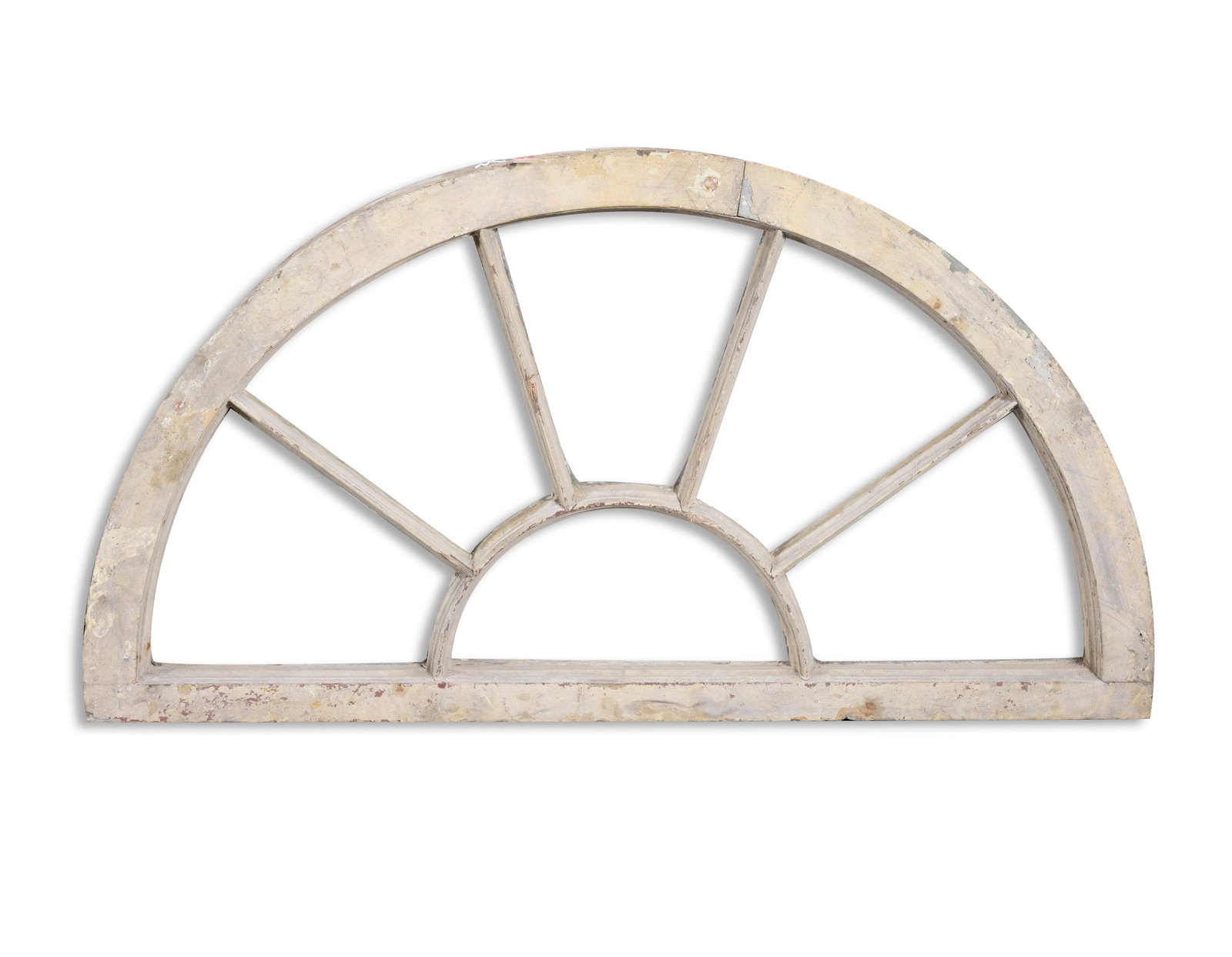 AN IRISH GEORGIAN SMALL TIMBER FAN LIGHT, arched form with six glazed compartmented section. 51cm: AN IRISH GEORGIAN SMALL TIMBER FAN LIGHT, arched form with six glazed compartmented section. 51cm high, 96cm wide