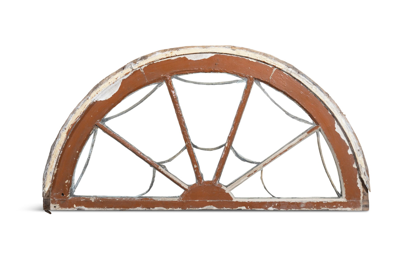 AN IRISH GEORGIAN PAINTED PINE FAN LIGHT, Typical form with fire compartmented glass sections, 72cm (1 of 2)
