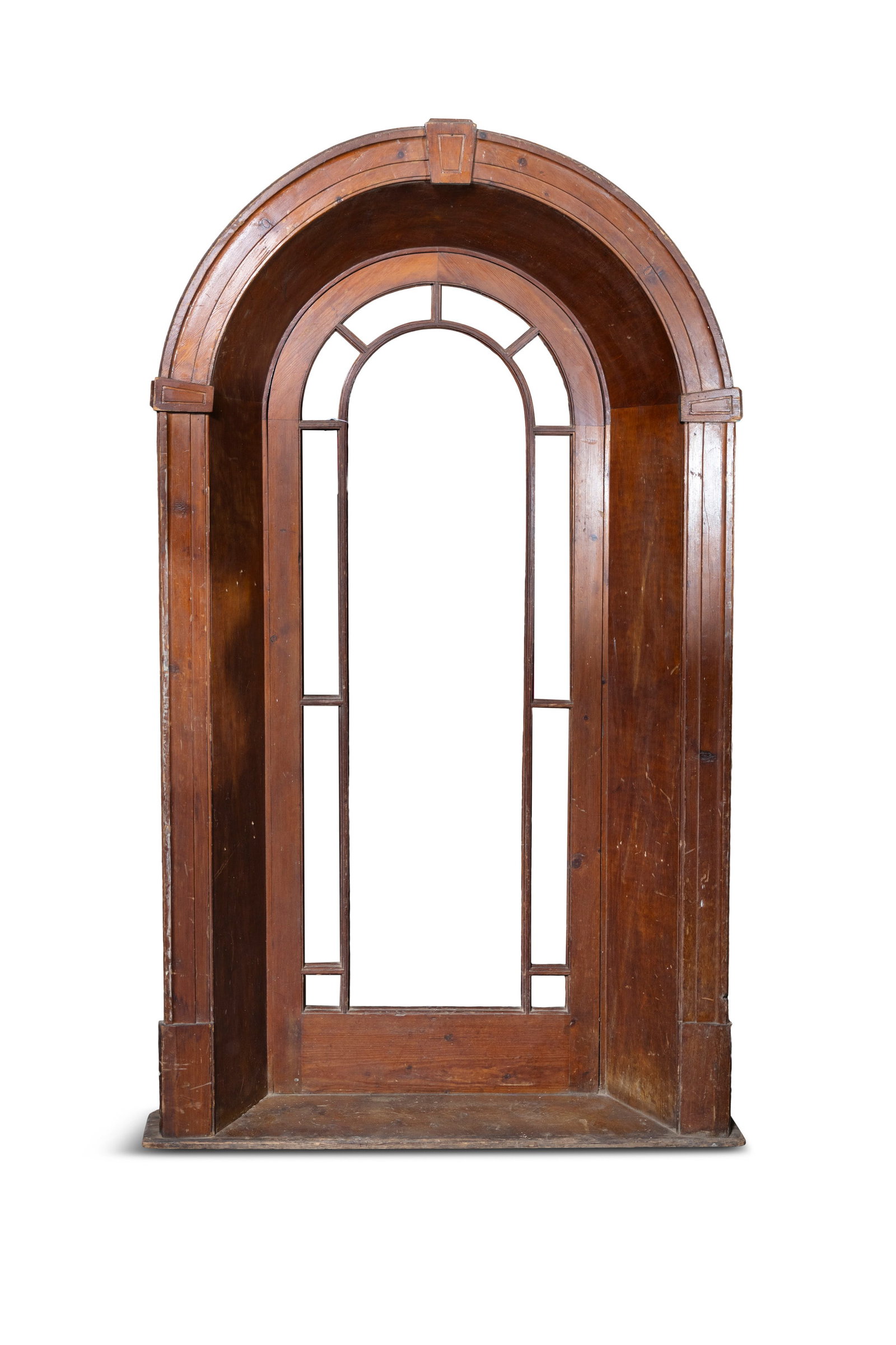 A CARVED MAHOGANY ARCHED INTERNAL WINDOW FRAME, 179cm high, 97.5cm wide, c.28cm deep (1 of 3)
