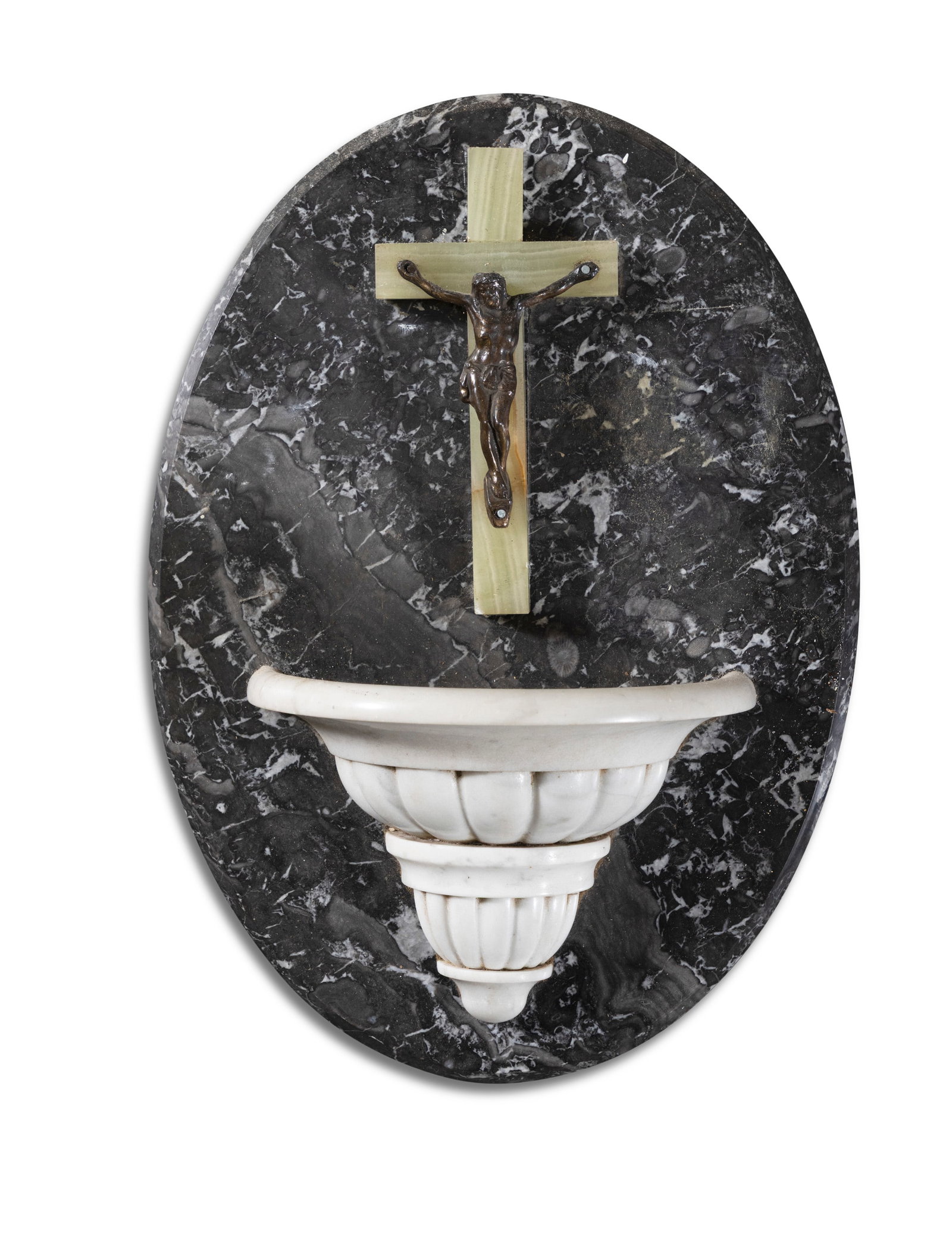A MARBLE HOLY WATER FONT, mounted to oval marble wall plaque with crucifix. The plaque 35cm high x (1 of 3)