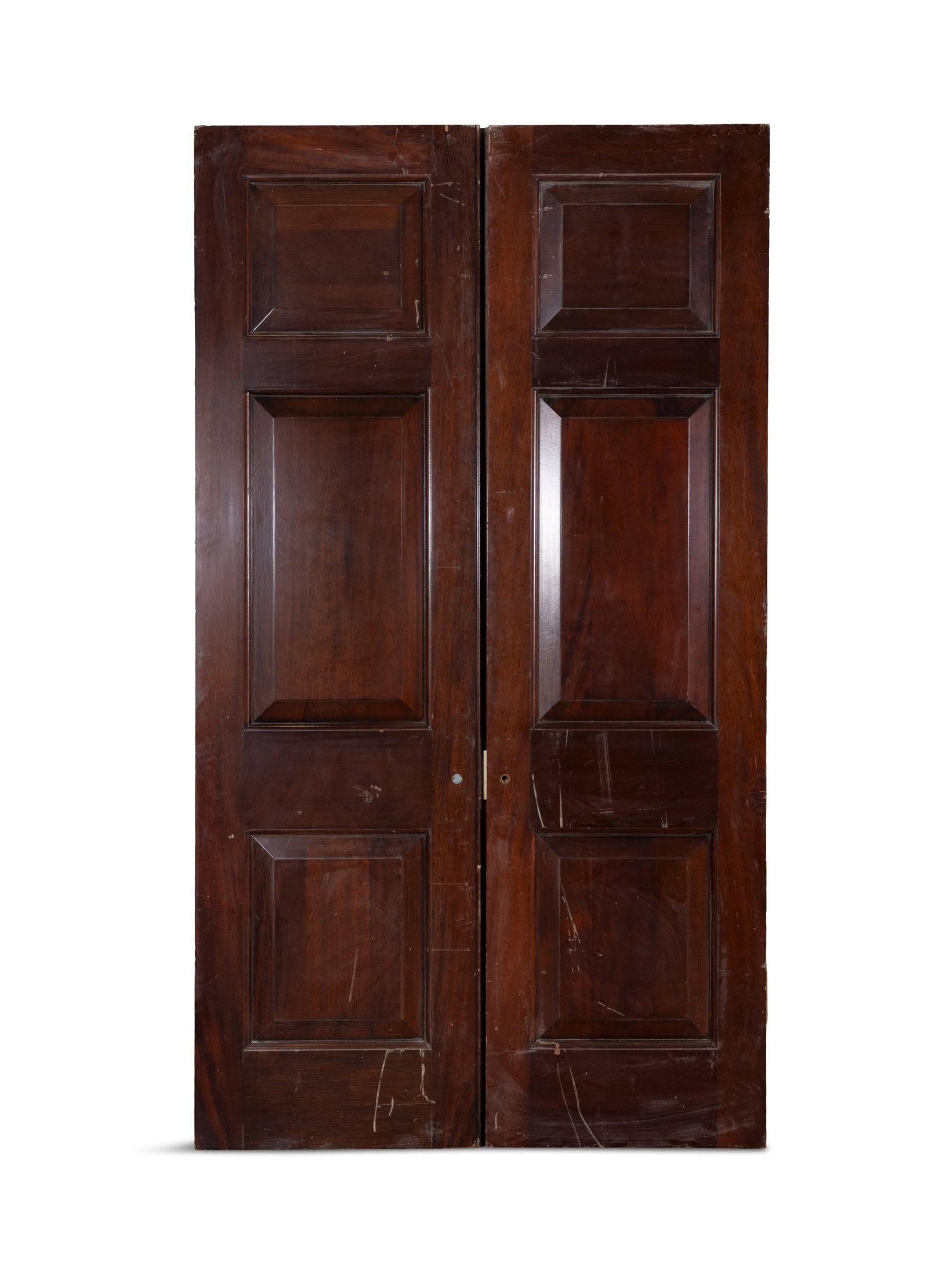A PAIR OF MAHOGANY THREE PANEL DOORS, one side with egg-and-dart moulding. 250cm high, 69.5cm wide (1 of 3)