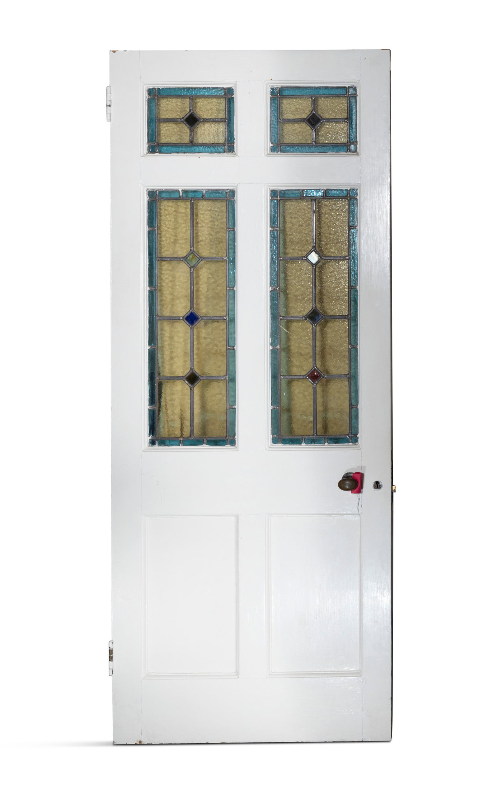 A WHITE PAINTED TIMBER AND STAINED GLASS DOOR, with four lead framed glass panels over fielded (1 of 3)