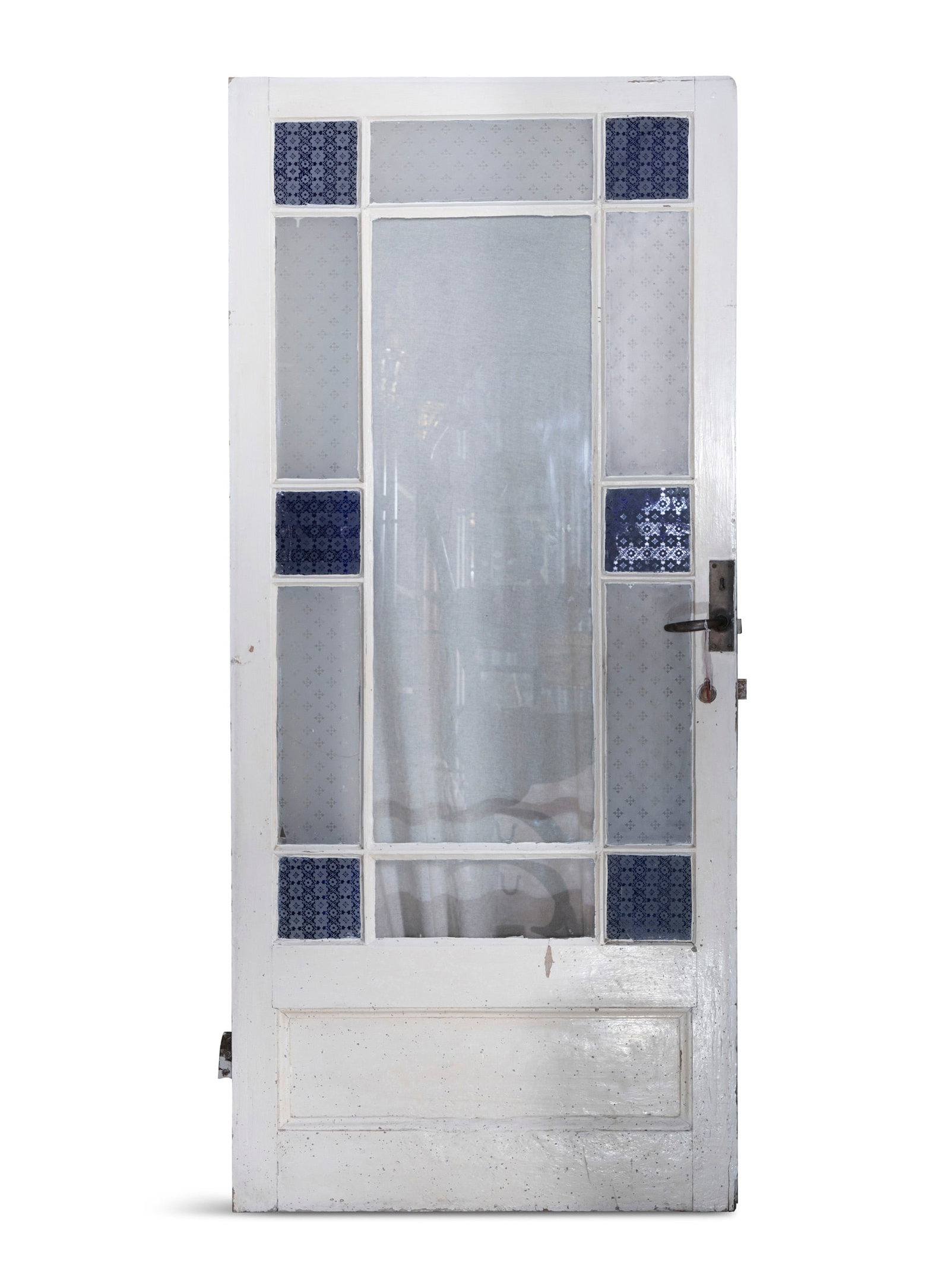 A WHITE PAINTED AND GLASS PANEL DOOR, central glazed section surrounded by etched panels, 192cm (1 of 3)