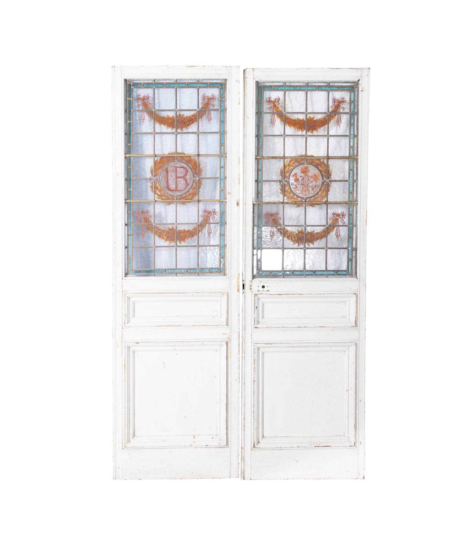 A PAIR OF PINE AND LEAD GLASS VICTORIAN HALL DOORS, one glass with 'Tria In Uno' ('Three in One'): A PAIR OF PINE AND LEAD GLASS VICTORIAN HALL DOORS, one glass with 'Tria In Uno' ('Three in One') the other possibly '1B', 193cm high, 59cm wide each Provenance: Building on St Stephen's Green, Dublin