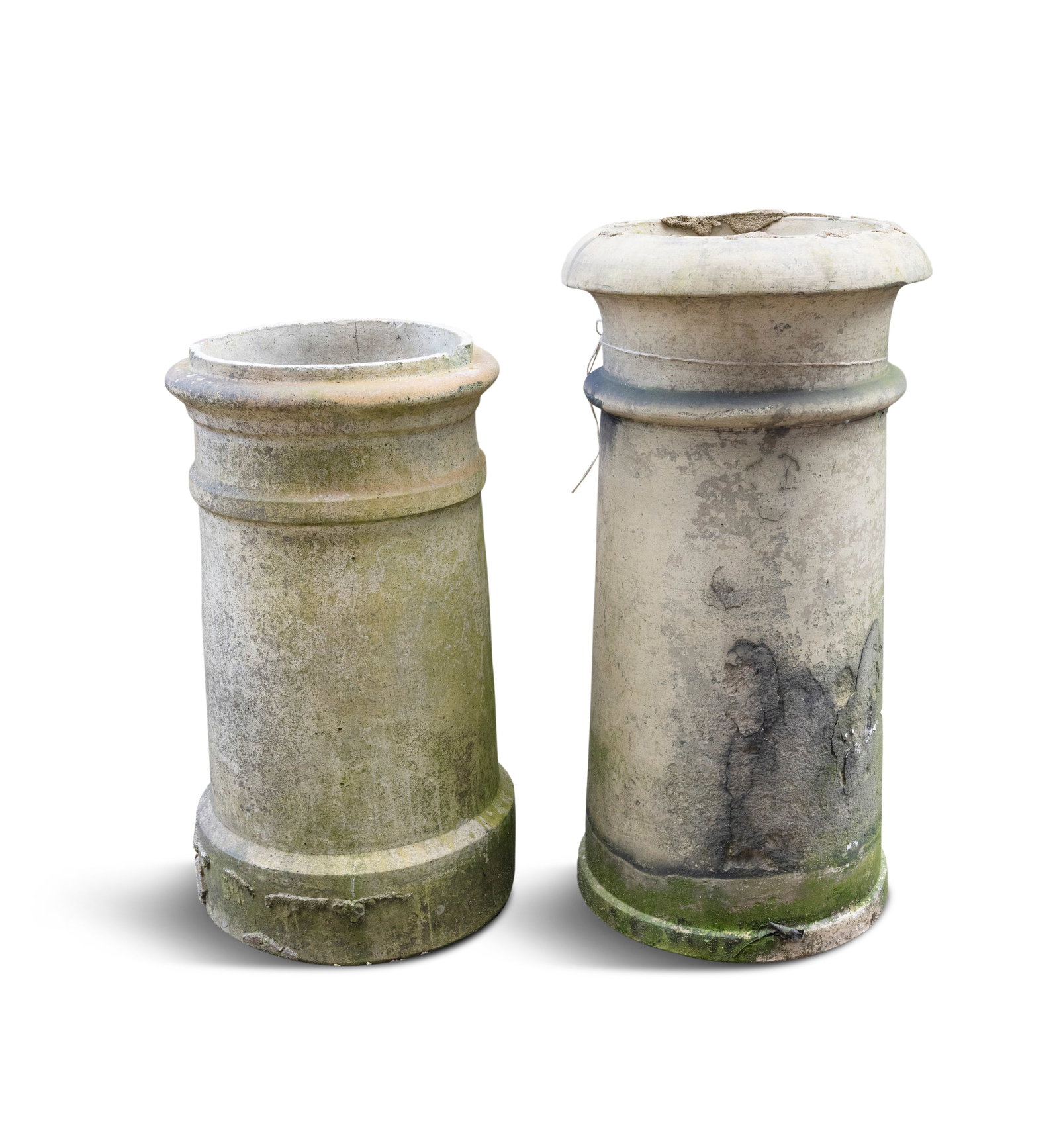 TWO BLONDE TERRACOTTA CHIMNEY POTS, 72cm high, 62cm high (1 of 2)