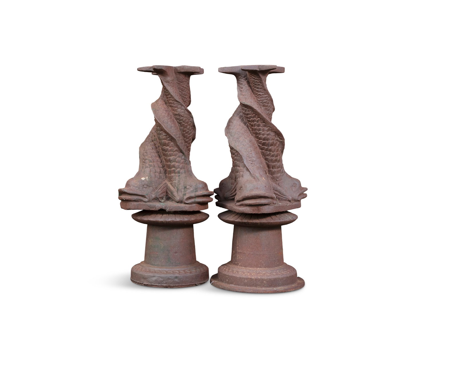 A PAIR OF CAST IRON PEDESTALS, 20TH CENTURY, with stylised koi carp supports and circular base,: A PAIR OF CAST IRON PEDESTALS, 20TH CENTURY, with stylised koi carp supports and circular base, supports: 104cm high, 43cm diameter base bowls, 35cm high, 88cm diameter
