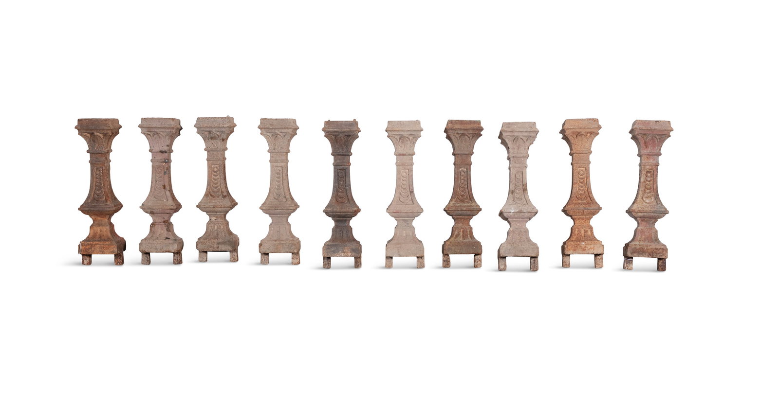 A SET OF TEN FRENCH 19TH CENTURY CAST IRON BALUSTRADES SUPPORTS, of square tapering form, with (1 of 3)