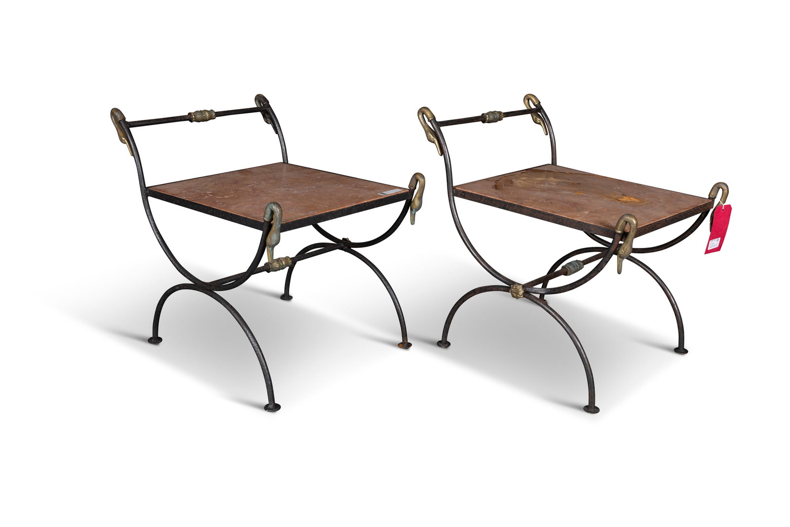 A PAIR OF ITALAN MARBLE TOPPED AND METAL FRAMED CONSERVATORY TABLES, square tops, the frame with: A PAIR OF ITALAN MARBLE TOPPED AND METAL FRAMED CONSERVATORY TABLES, square tops, the frame with swan brass mounts, raised top rail and trestle supports on pad feet 55cm high, marble top 45.4 x 40cm