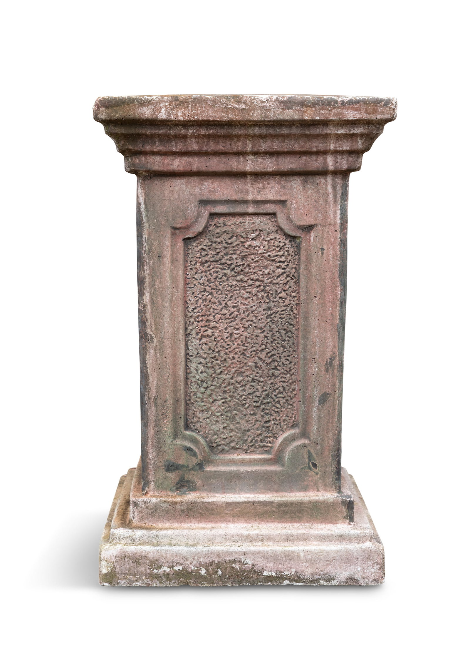A COMPOSITE RED PAINTED STONE PEDESTAL, 89cm high, 52 x 52cm (1 of 3)