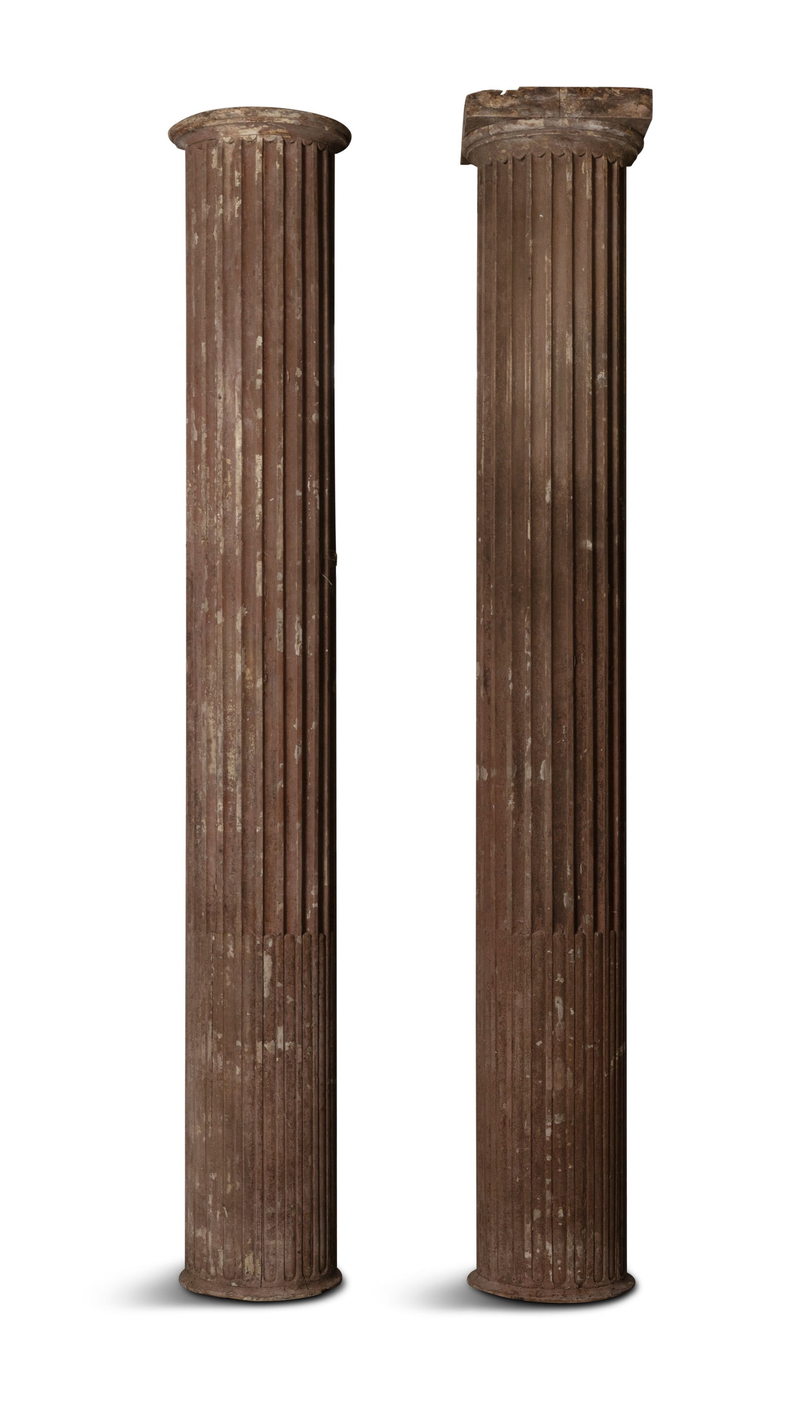 A PAIR OF IRISH PAINTED TIMBER FLUTED COLUMNS, 220cm high x 216cm. One example missing its cap: A PAIR OF IRISH PAINTED TIMBER FLUTED COLUMNS, 220cm high x 216cm. One example missing its cap