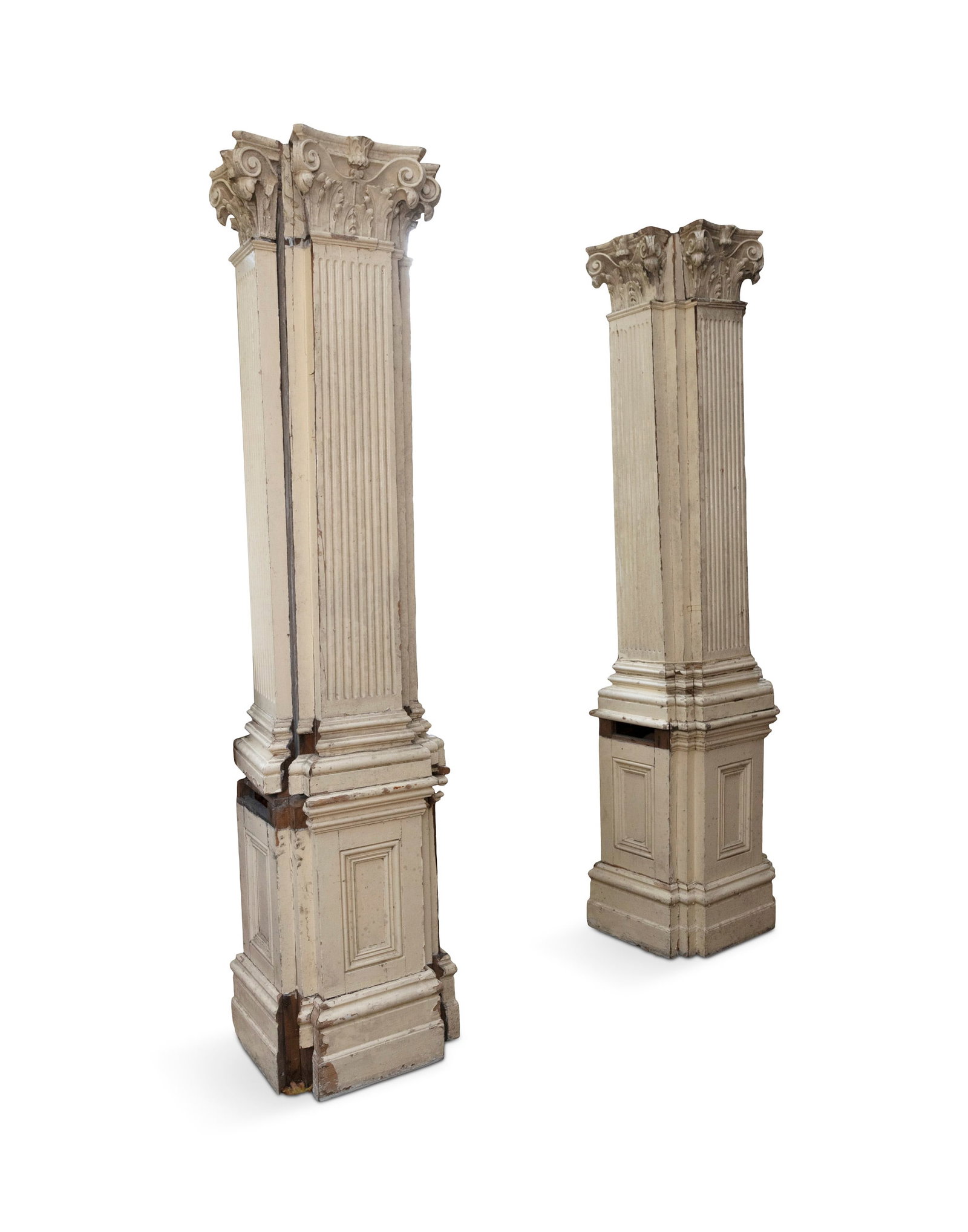 A PAIR OF IRISH YELLOW PAINTED CARVED TIMBER PILASTERS OF CORINTHIAN DESIGN, EARLY 19TH CENTURY, (1 of 3)
