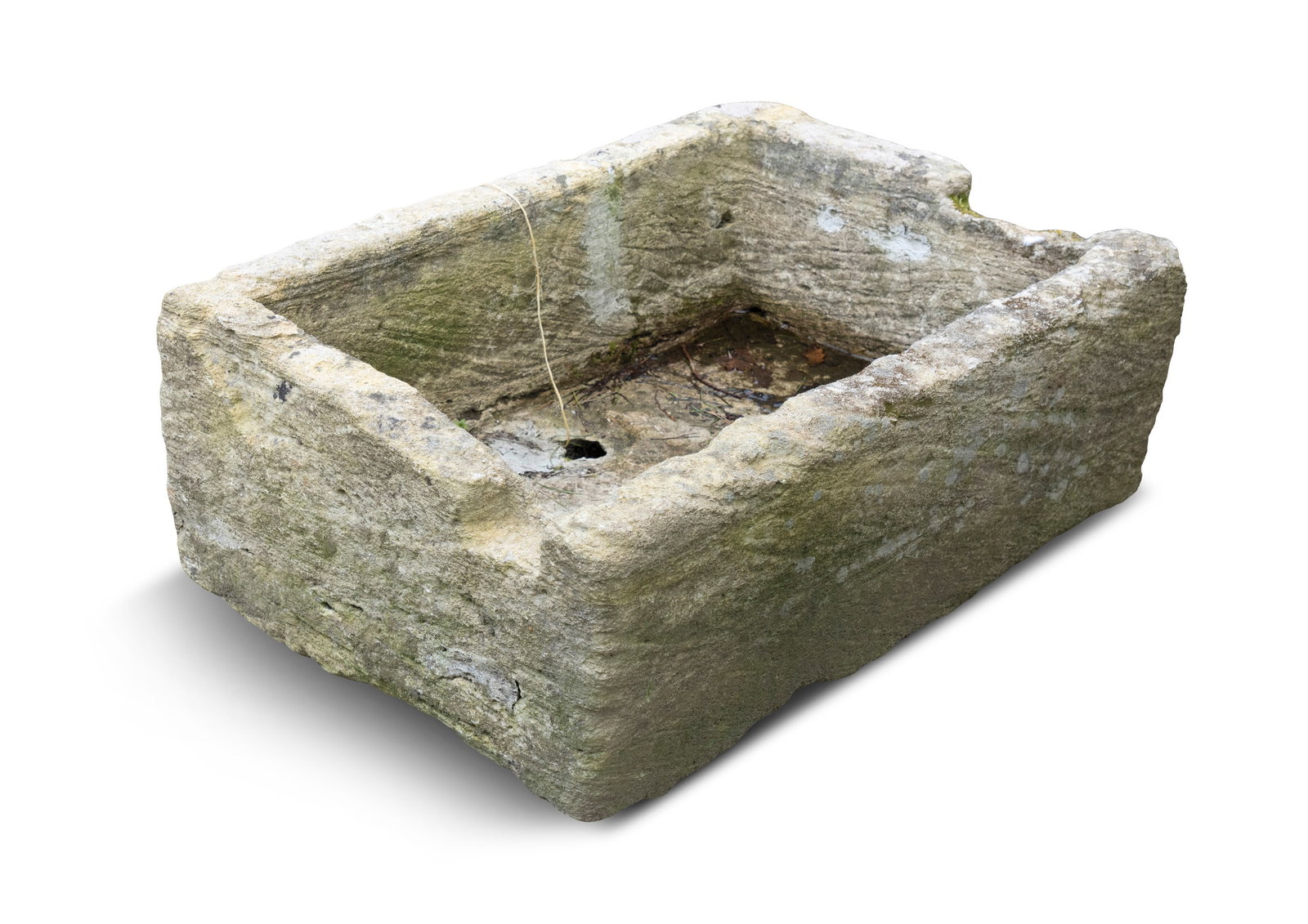 TWO CUT 18TH CENTURY LIMESTONE TROUGHS OF LARGE PROPORTIONS, One large rectangular example for: TWO CUT 18TH CENTURY LIMESTONE TROUGHS OF LARGE PROPORTIONS, One large rectangular example for horses together with a long rectangular trough, likely for pigs, both with drainage holes to base. (i) 35