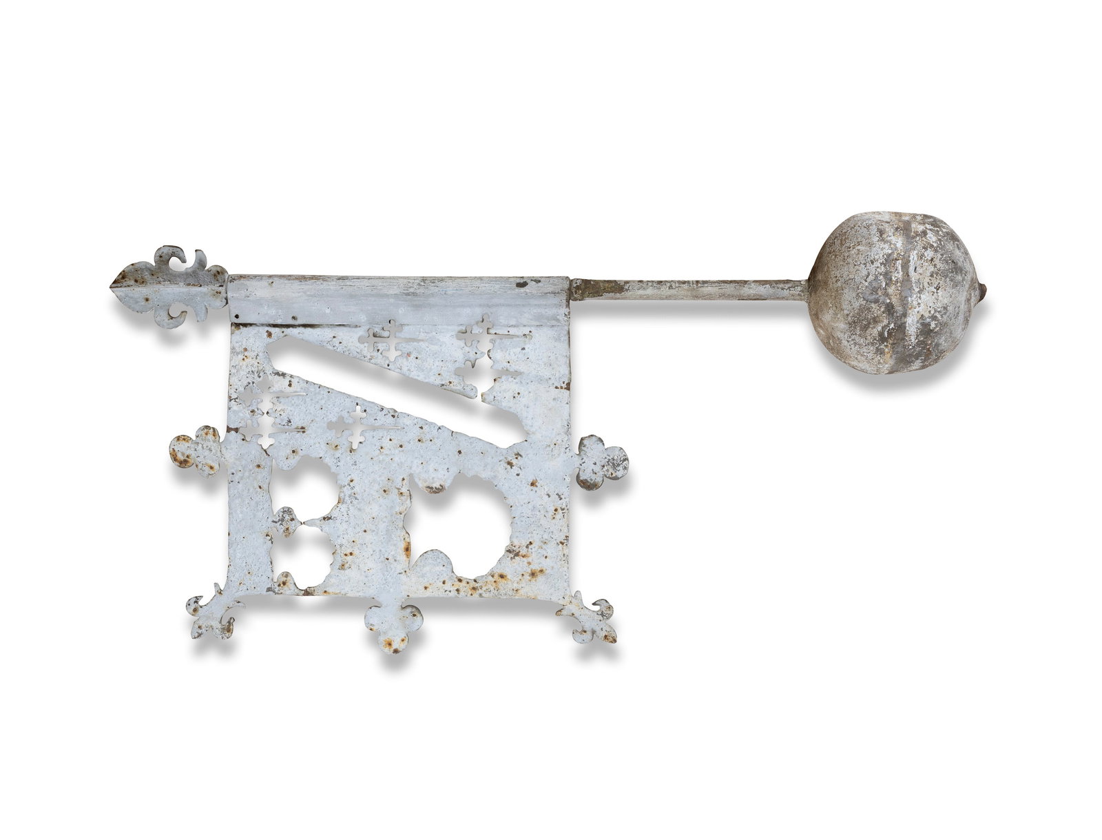A GREY PAINTED WEATHER VANE IN FORM OF A FLAG POLE mounted on circular base, upright centre column (1 of 3)