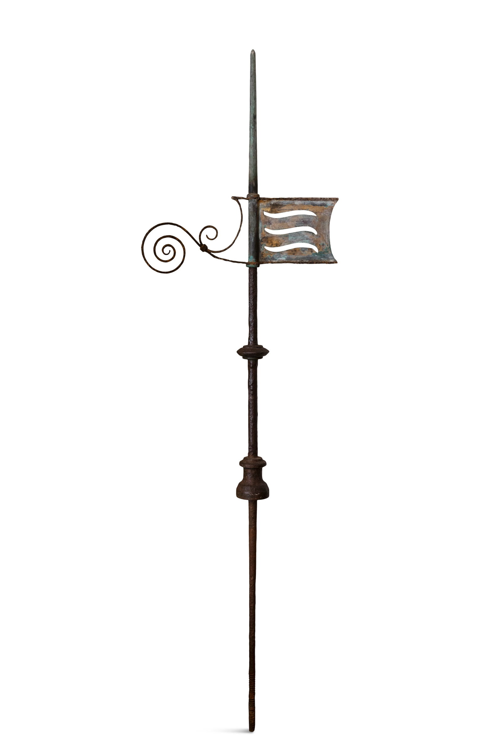AN IRON AND COPPER BANNERETTE, 19TH CENTURY with scroll arm flag, 191cm high: AN IRON AND COPPER BANNERETTE, 19TH CENTURY with scroll arm flag, 191cm high