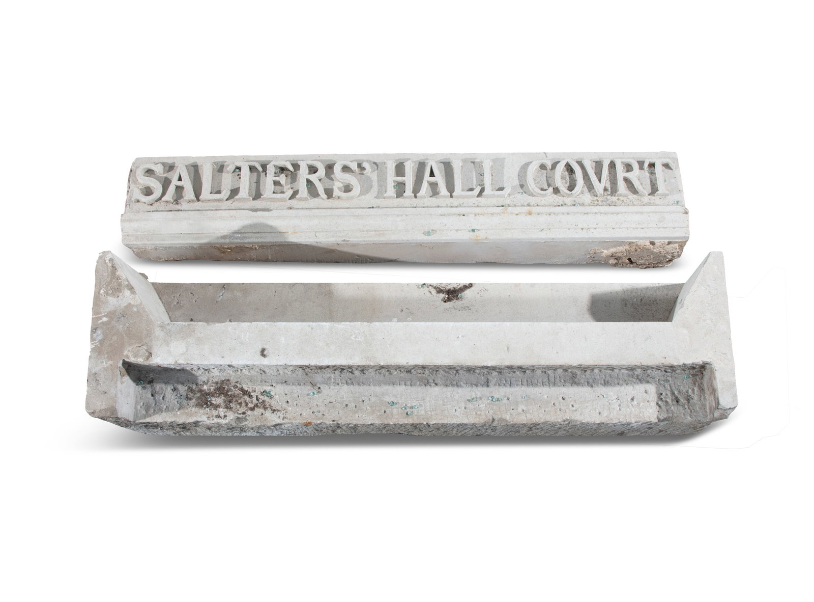 A COMPOSITE STONE FRIEZE, with 'SALTERS HALL COURT' in high relief, 135cm wide, 23cm high, 17cm: A COMPOSITE STONE FRIEZE, with 'SALTERS HALL COURT' in high relief, 135cm wide, 23cm high, 17cm deep; with another section 139cm wide