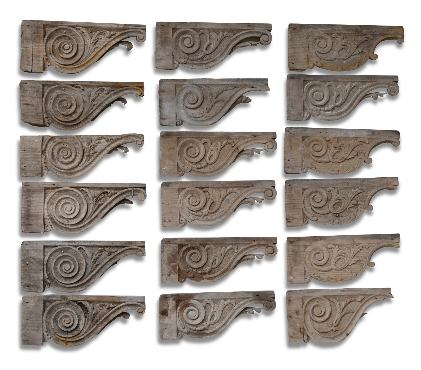 A SET OF EIGHTEEN IRISH GEORGIAN TIMBER STAIRCASE STINGS: A SET OF EIGHTEEN IRISH GEORGIAN TIMBER STAIRCASE STINGS