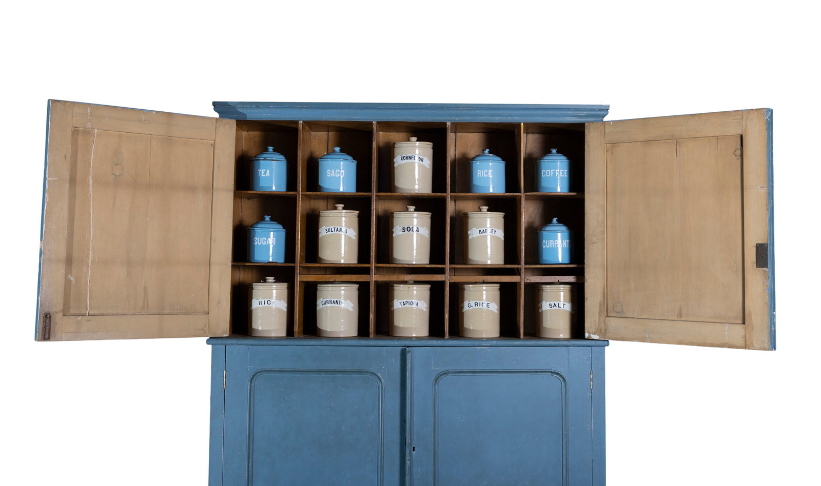 A COLLECTION OF 15 PORCELAIN SHOP JARS, 19cm high, each with painted labels; barley, sugar etc. Six (1 of 1)