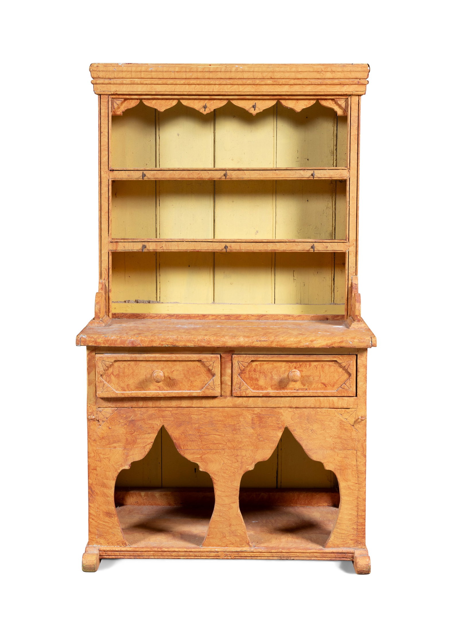 A SCUMBLED PINE COMPACT DRESSER the upper section with outset cornice over two open shelves with (1 of 4)