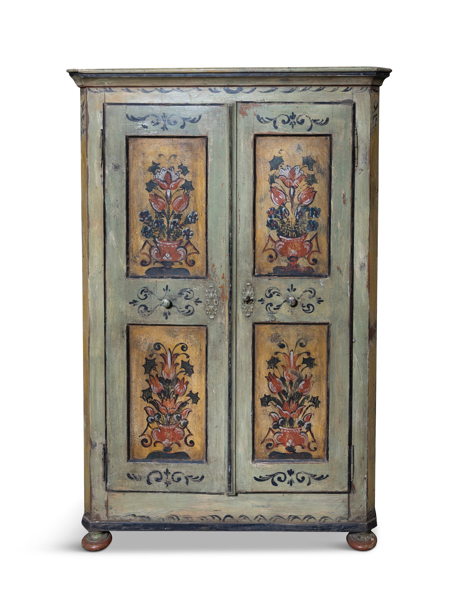 AN ITALIAN 19TH CENTURY PAINTED LINEN PRESS outset cornice over fielded panel doors, decorated with (1 of 5)