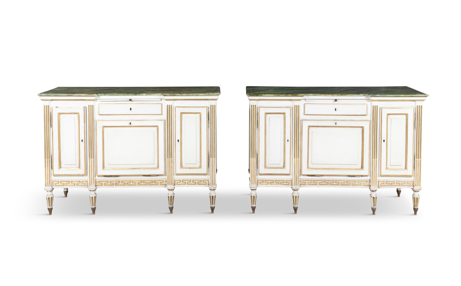 A PAIR OF GILT AND WHITE PAINTED SIDE/DRESSING CABINETS, EARLY 20TH CENTURY with faux marble green (1 of 4)