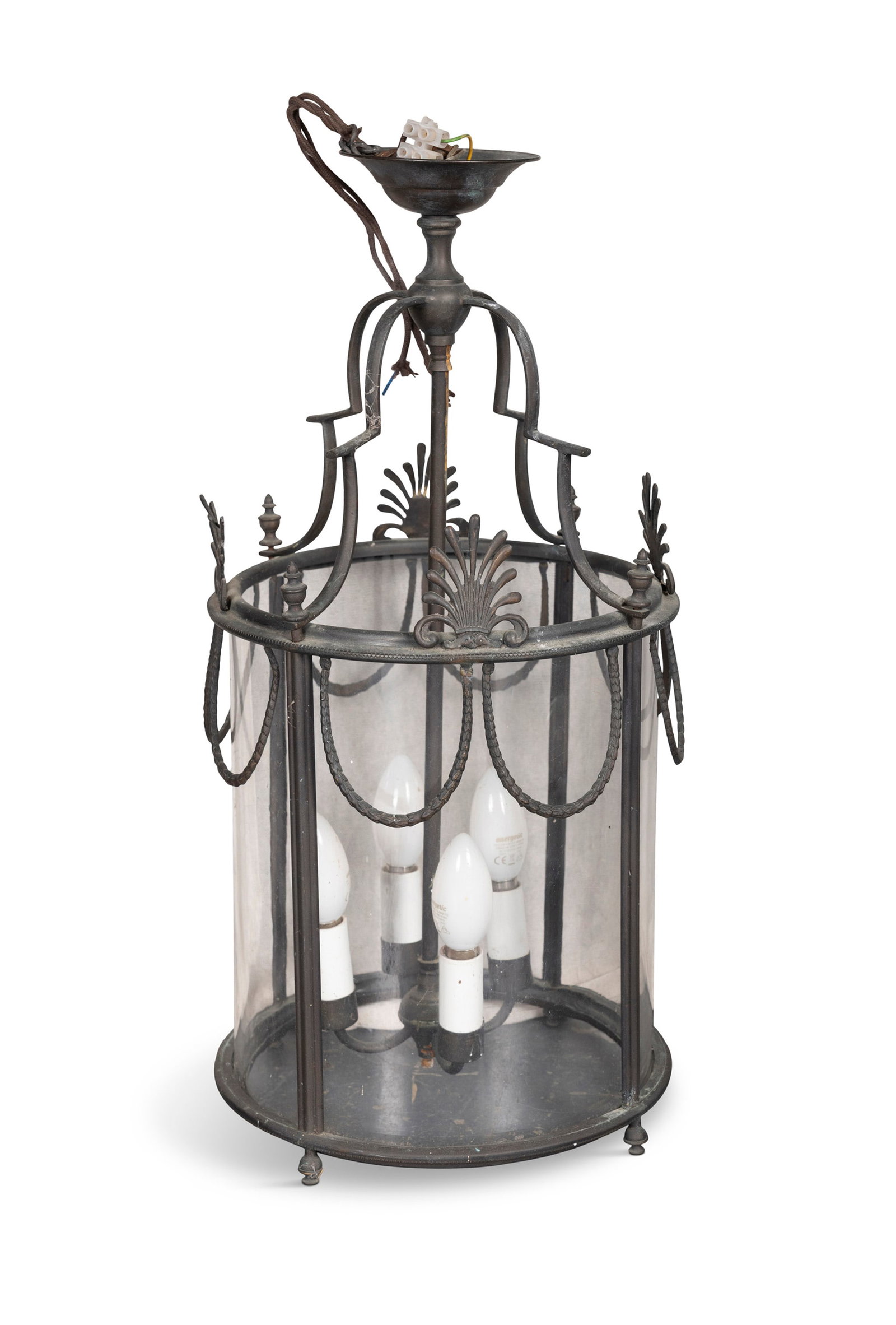 A PAIR OF METAL FRAMED LANTERNS, applied with upright acanthus leaves, circular form, 57cm high (1 of 2)