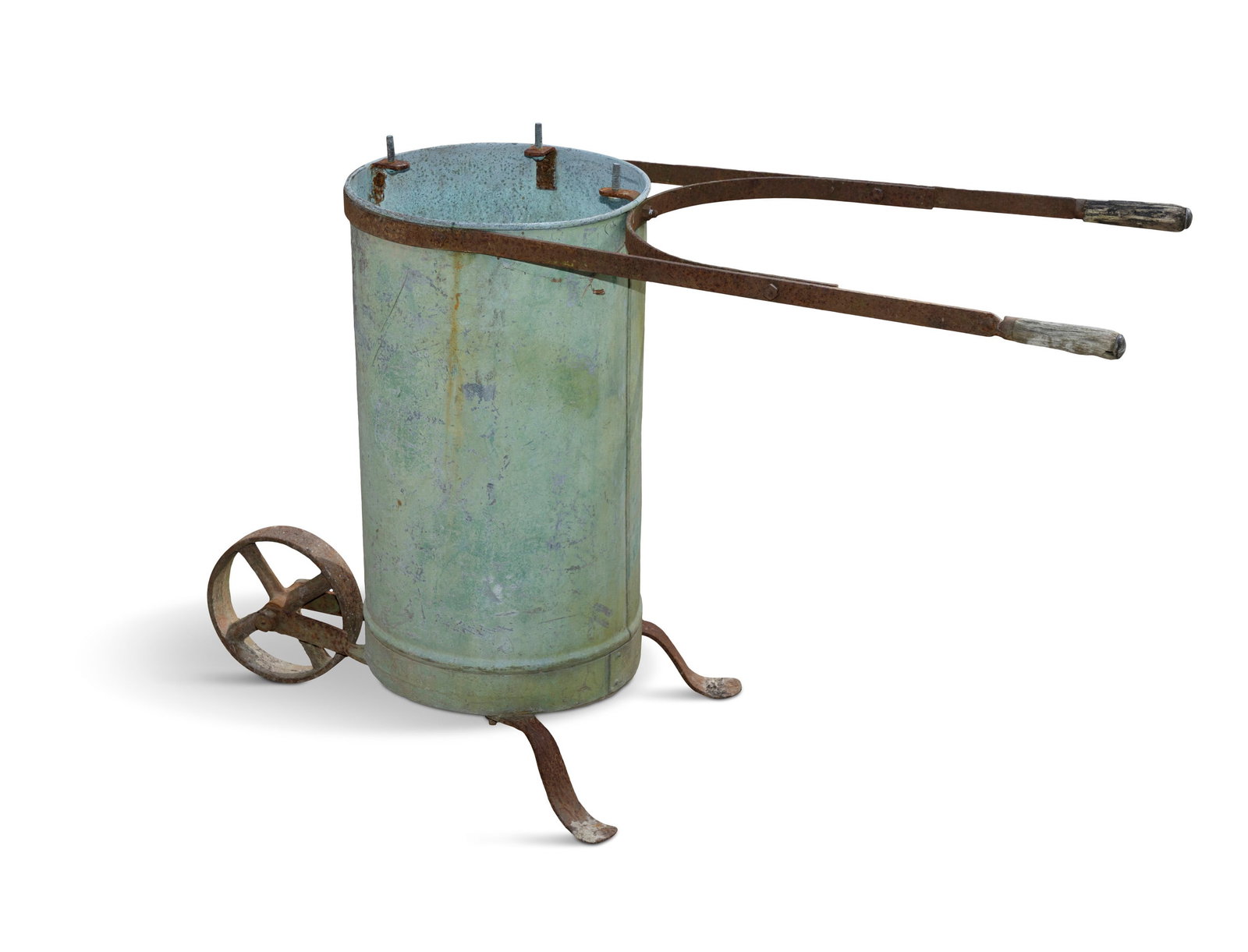 AN UPRIGHT ORCHARD SPRAYER, of cast iron frame with single wheel, of wheelbarrow construction and (1 of 3)