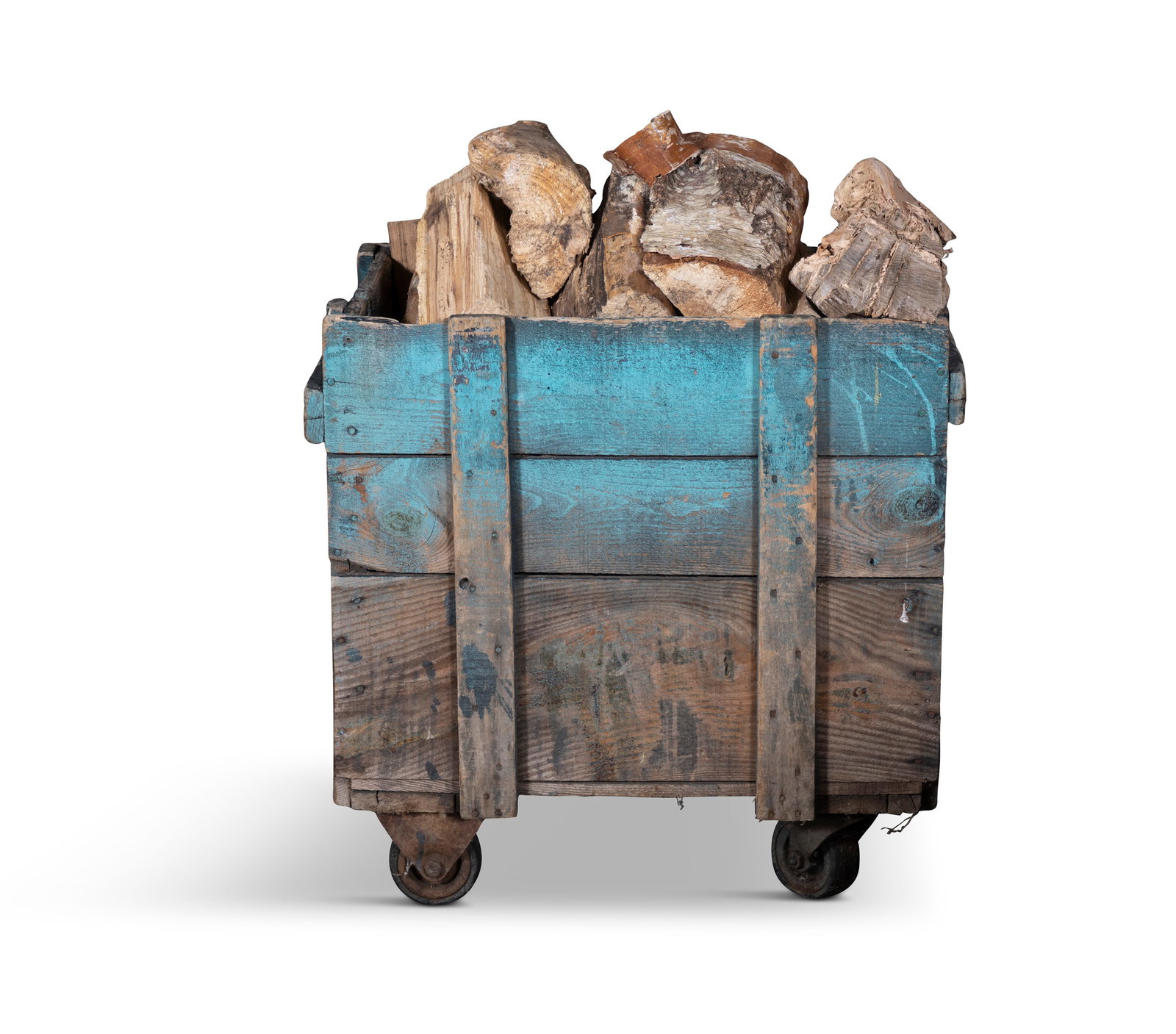 A PAINTED TIMBER FUEL CART, with wheels, 64cm high, 63cm wide. 43cm deep (1 of 3)