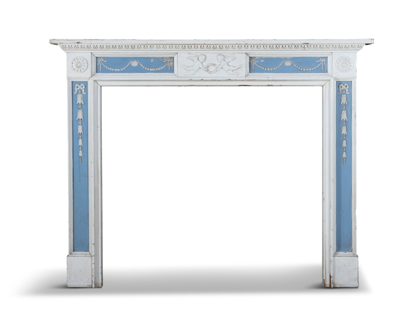 A 19TH CENTURY PAINTED PINE FIRE SURROUND, 123cm high x 153cm wide, interior 100cm high x 126cm (1 of 4)