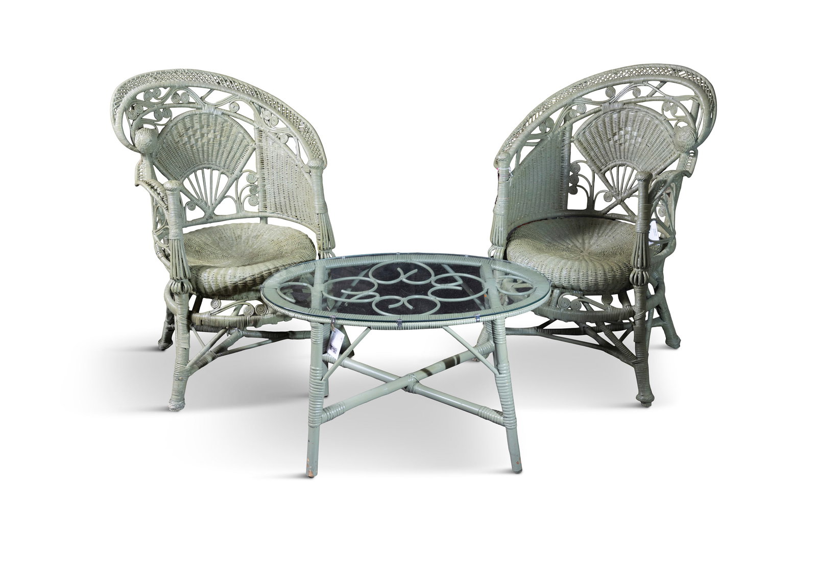A PAIR OF GREEN PAINTED WICKERWORK GARDEN CHAIRS AND TABLE Chair, 90cm high Table 80cm x 46cm x (1 of 3)