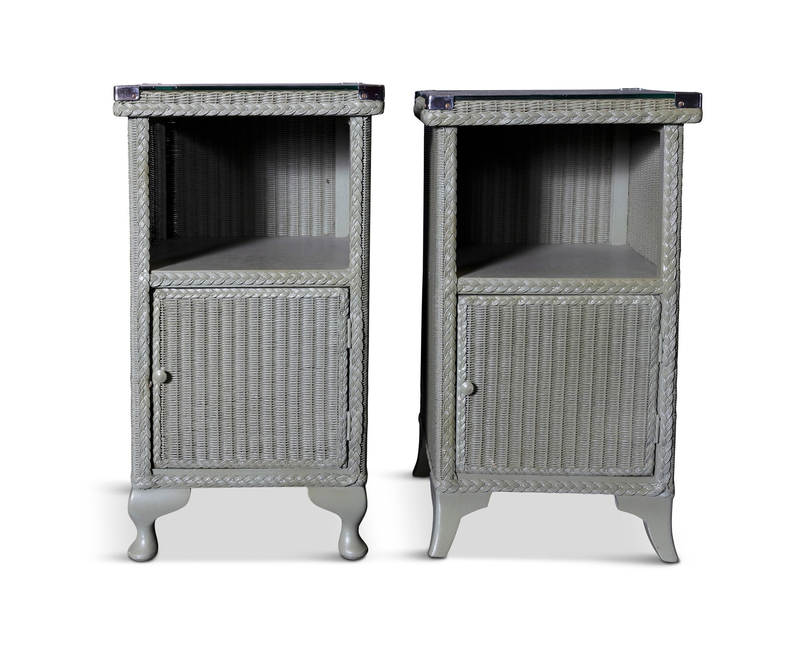 A PAIR OF GREEN PAINTED WICKERWORK BEDSIDE TABLES with glass tops, over open shelve and cupboard (1 of 3)