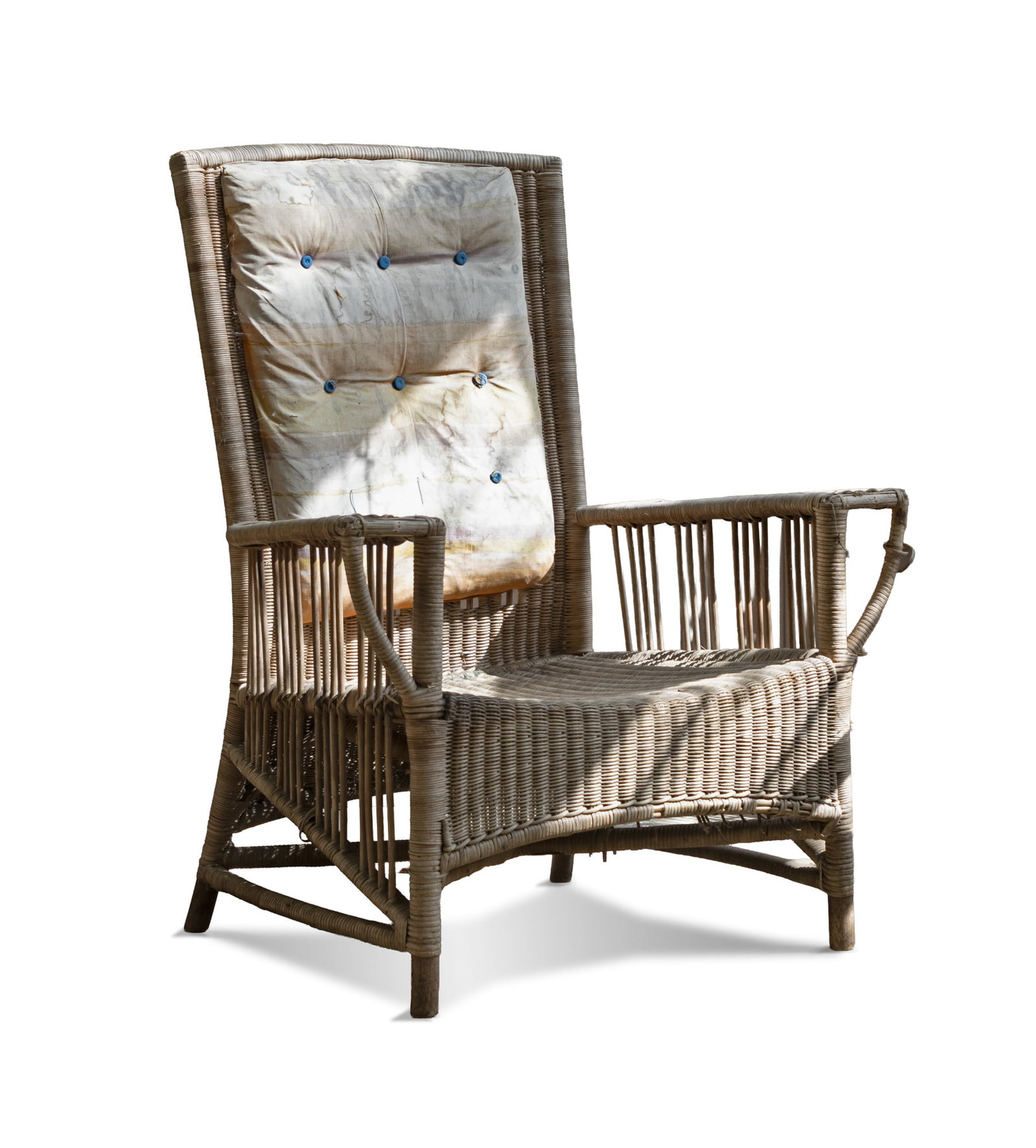 A 19TH CENTURY WICKER ARMCHAIR, the square back with incorporated cushion, the flat tapered (1 of 3)