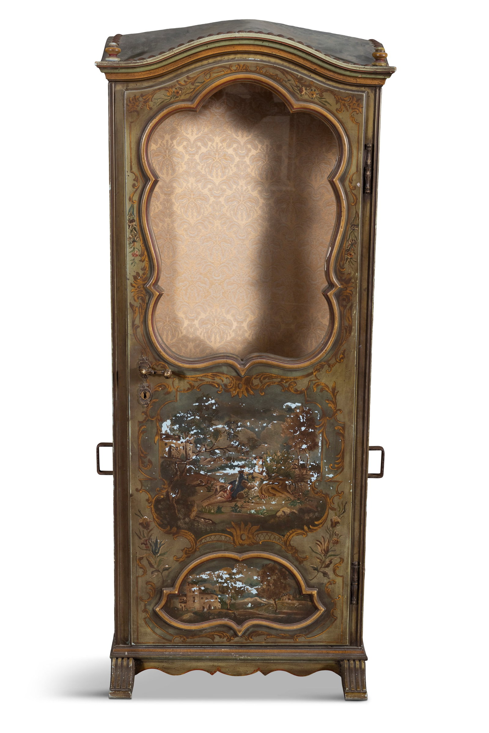 A POLYCHROME DECORATED SEDAN CHAIR, with domed roof and shaped glazed panels framed with moulded (1 of 10)
