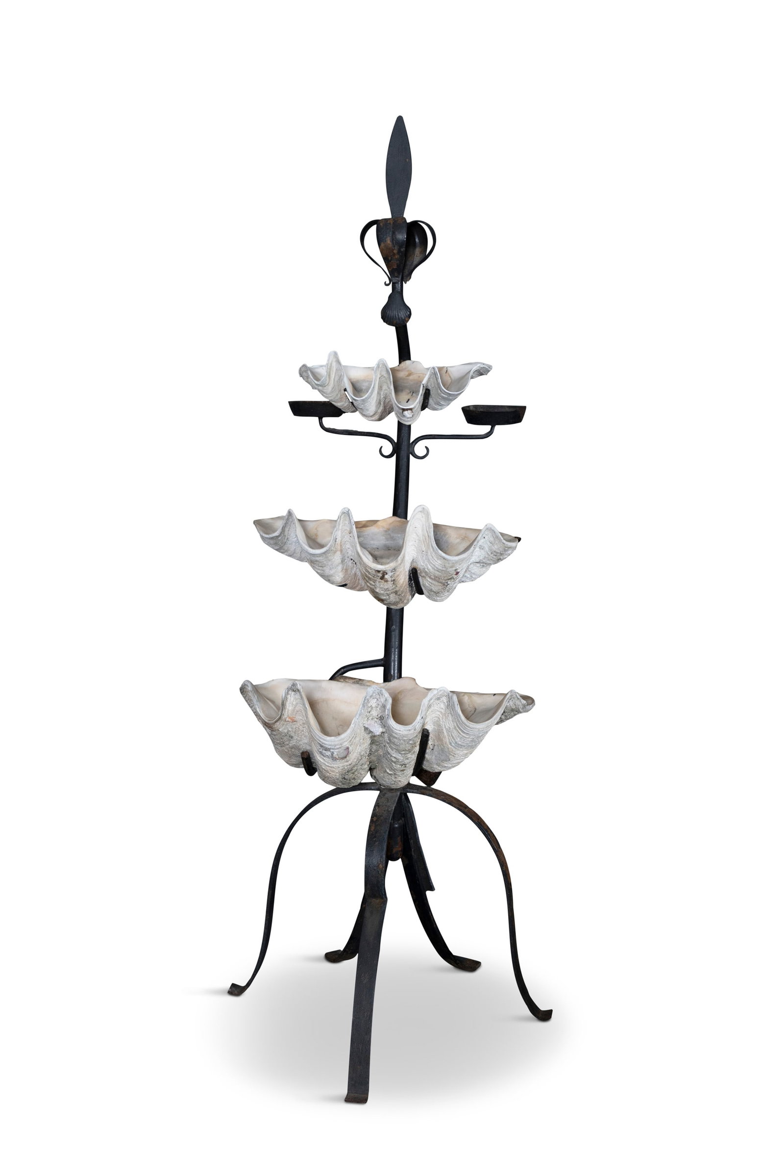 A CAST IRON BLACK PAINTED UPRIGHT FOUNTAIN The centre column with scroll arms fitted with three (1 of 3)