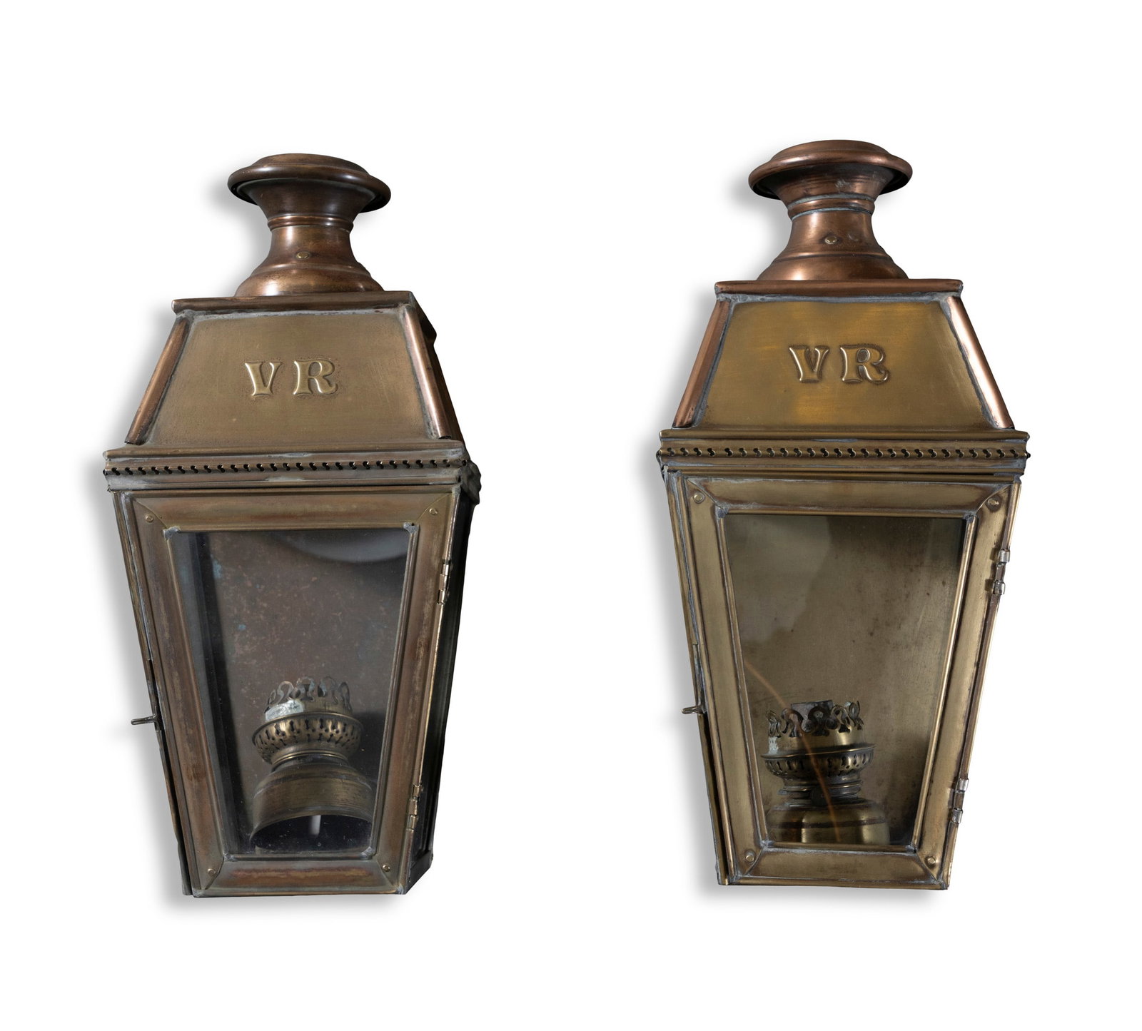 A PAIR OF HALL LANTERNS, each with initials 'VR', 43cm high (1 of 2)